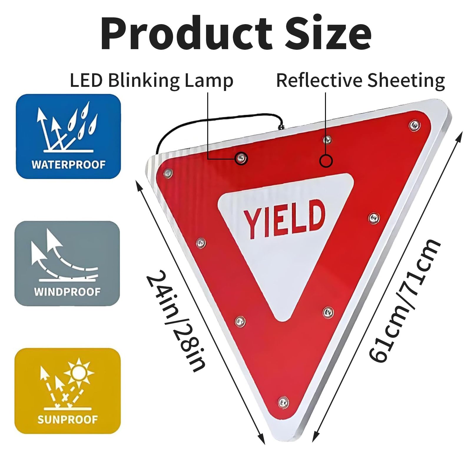 Señal De Ceda El Paso De 24/28", Señal De Advertencia De Tráfico Reflectante LED Intermitente con Energía Solar, con Forma De Triángulo Invertido Y Marco Metálico Inoxidable 2Pc-28''