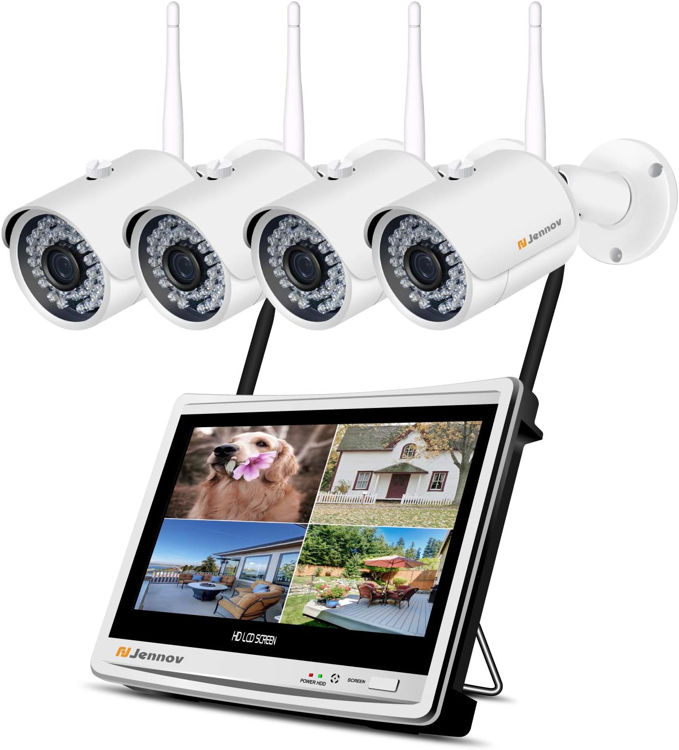Jennov All In One with 12" Monitor Wireless Security Camera System with HD 1080P 4 CH IP bullet Cameras Wfi Home Video CCTV Surveillance Indoor Outdoor with 1TB HDD