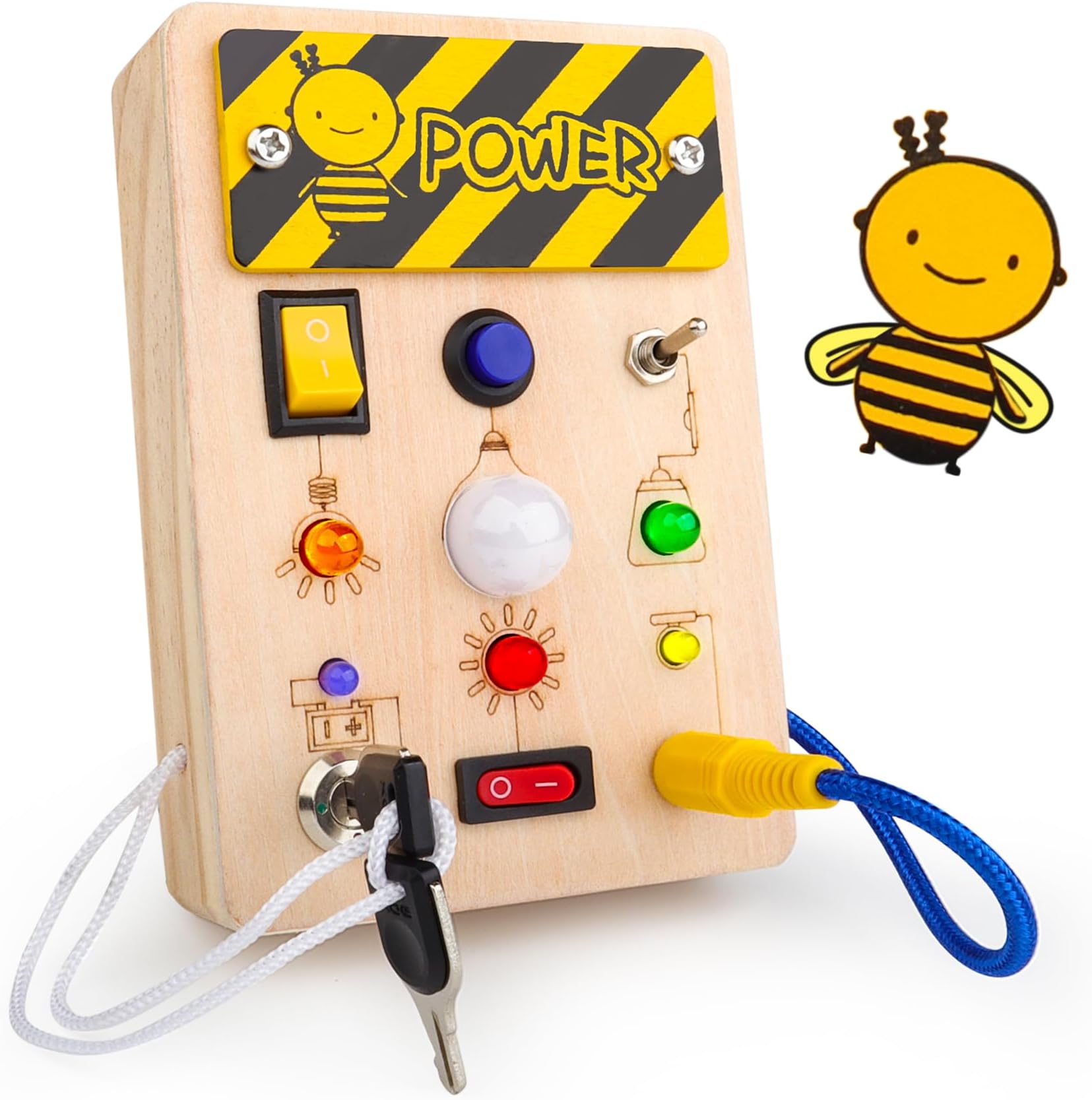 Yewdrum Montessori Busy Board for Toddler - Montessori Toys for 1 Year Old, Busy Board with LED Light Switches Sensory Toys for Toddlers 1-3, Wooden Travel Toys Switch Board for Toddlers 2-4