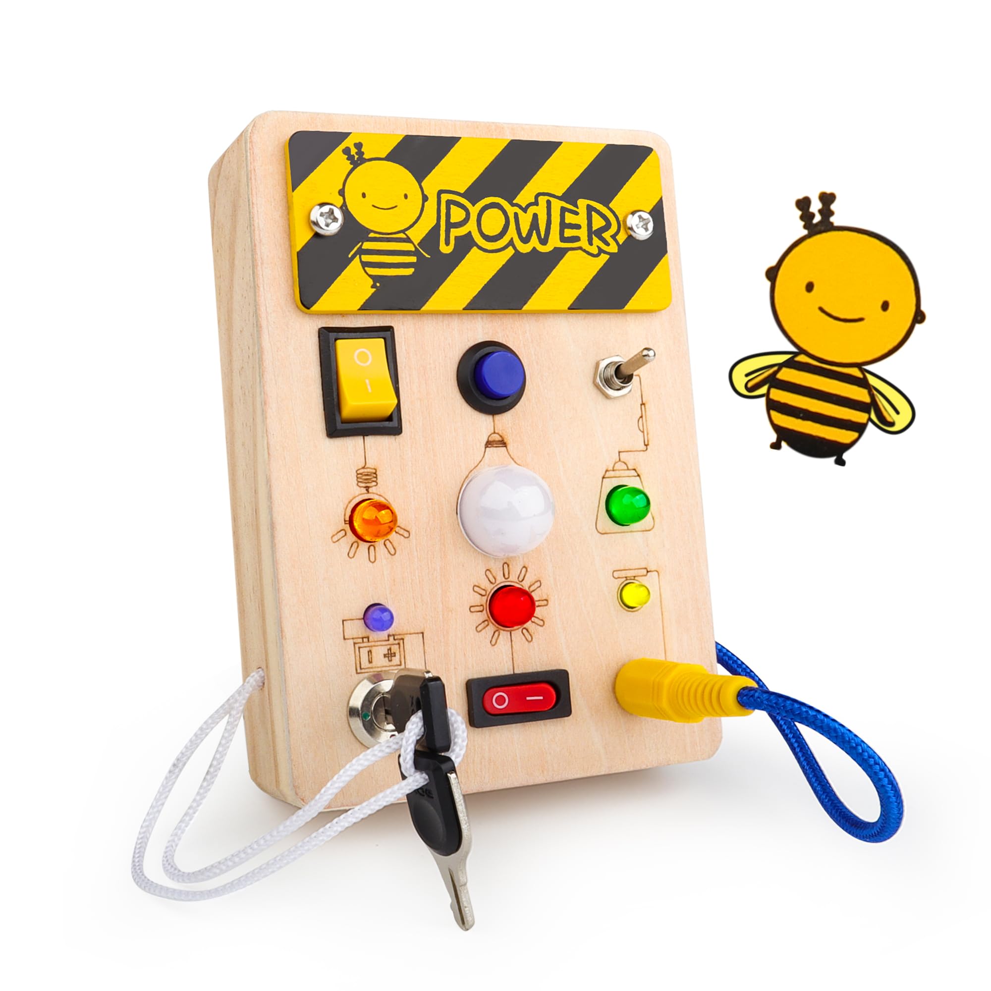 Yewdrum Montessori Busy Board for Toddler - Montessori Toys for 1 Year Old, Busy Board with LED Light Switches Sensory Toys for Toddlers 1-3, Wooden Travel Toys Switch Board for Toddlers 2-4