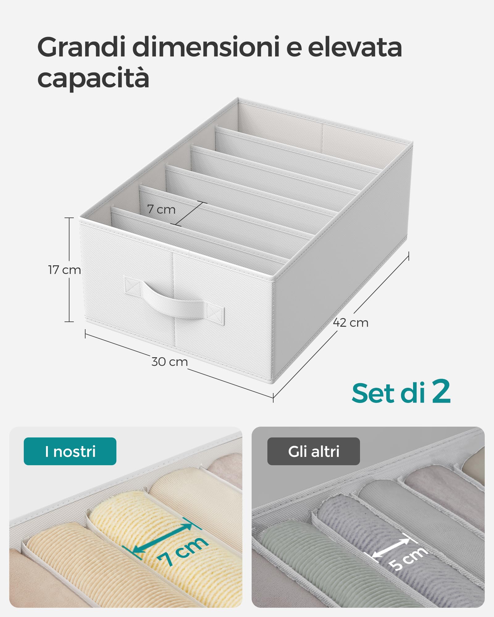 SONGMICS Juego de 2 Organizadores de Cajón, Organizadores de Armario de 6 Compartimentos, Organizadores Plegables, 42 x 30 x 17 cm, para Pantalones, Ropa, Bianco Nuvola RUS009W02