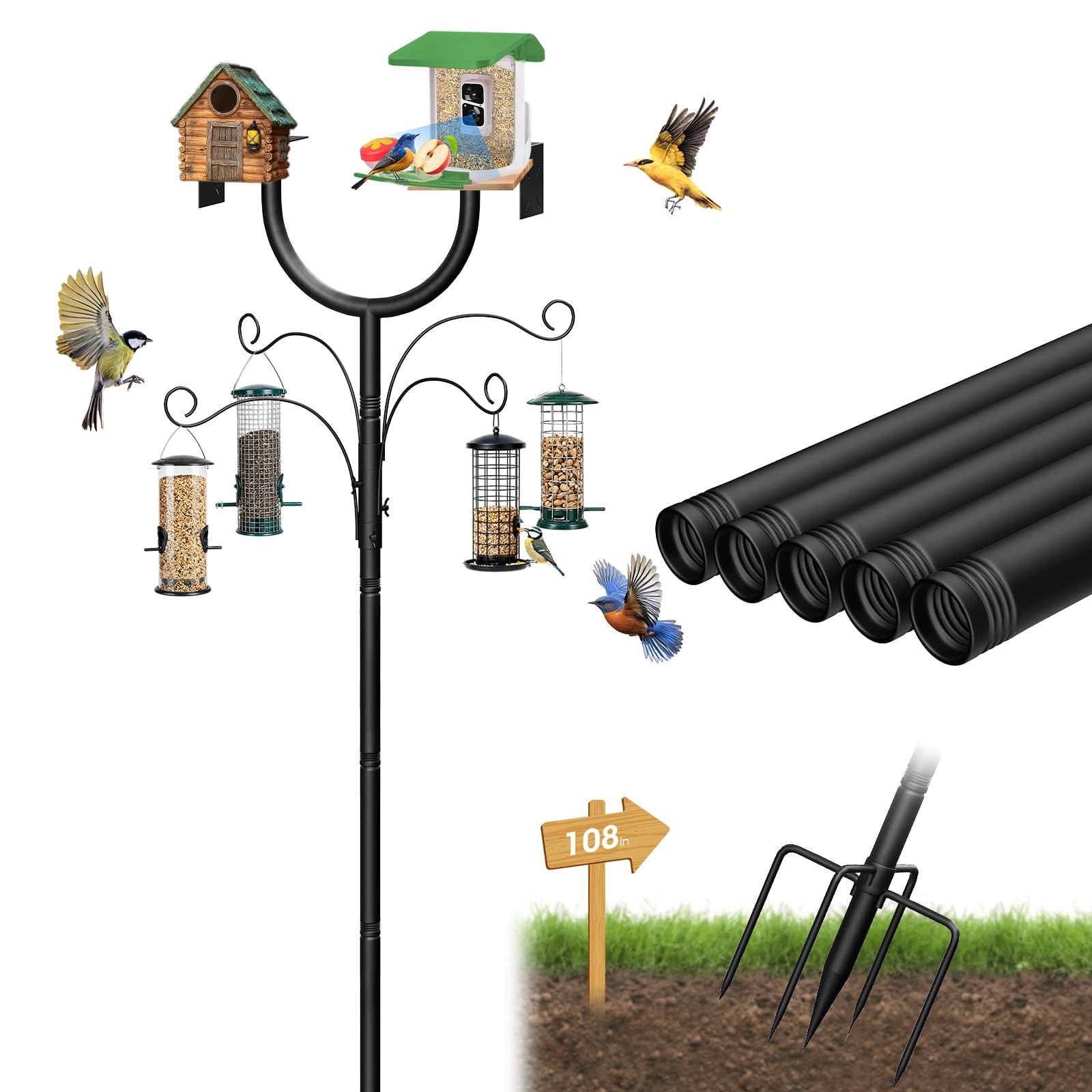 MQHUAYU Bird Feeder Pole, Adjustable 47"-108" Heavy Duty Bird Feeding Station with 5-Prong Ground Stake & 4 Shepherds Hooks, Bird Feeder Hanging Station for Feeders & Garden(Birdhouse not included)