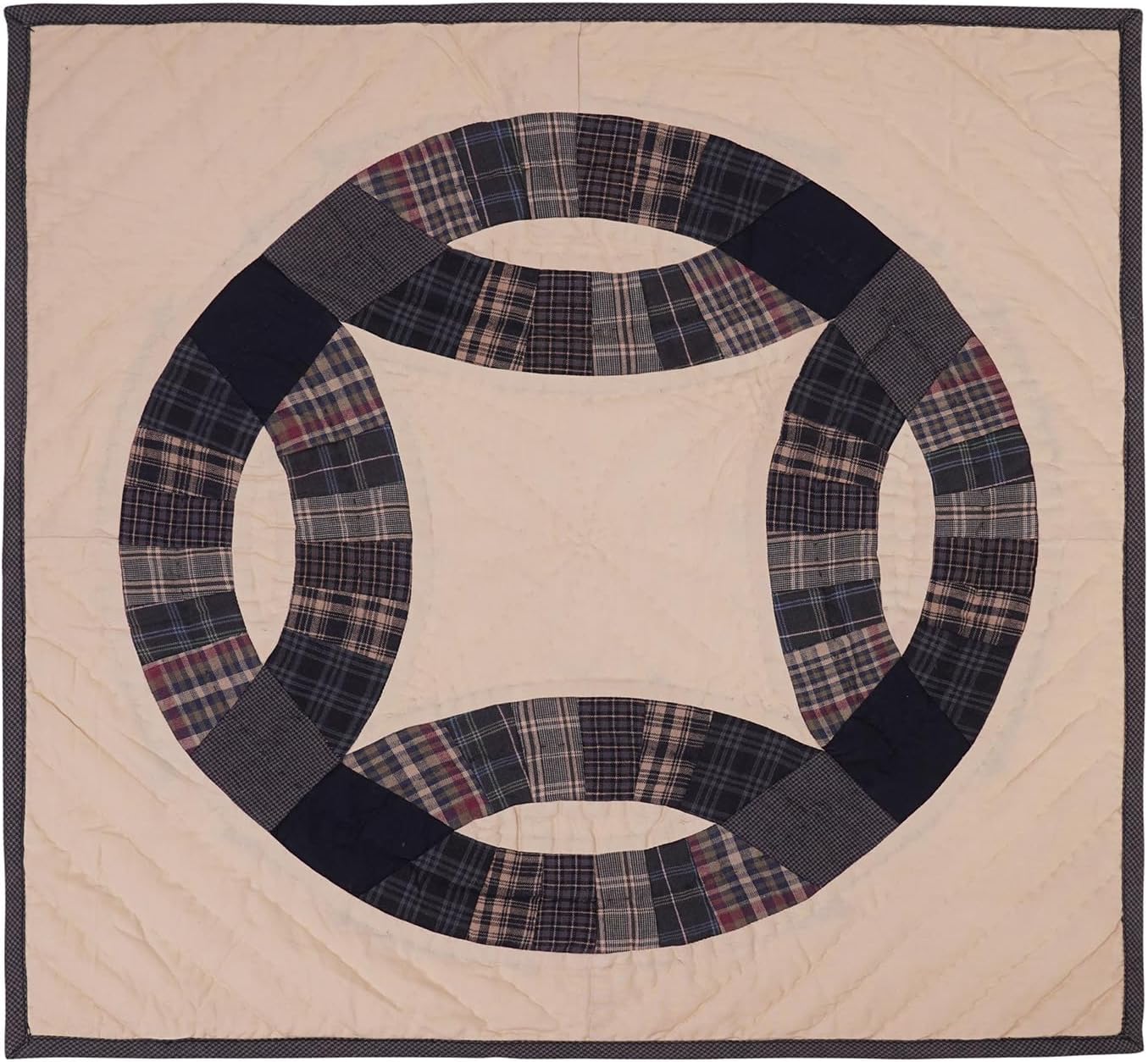 HOME HEART Wedding Ring Country Plaid Quilt 19"x19" Cotton Square Wall Hanging Block Rod Pocket Patchwork Hand Quilted Small Quilt