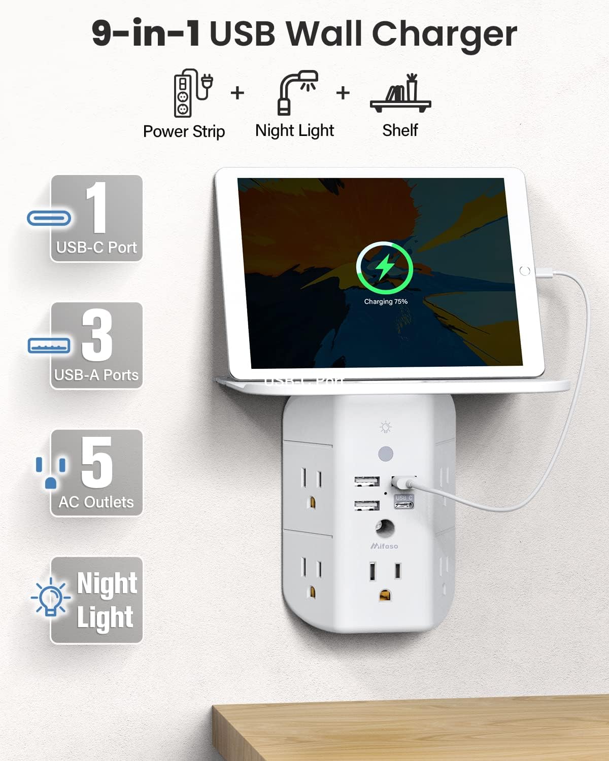 Mifaso Outlet Extender with Shelf and Night Light, 1800J Surge Protector — Amazon image 2