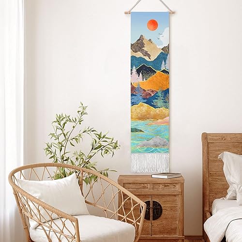 Miniatura 3 de RosieLily Tapiz de arte de pared, tapiz de naturaleza de montaña azul, 13 pulgadas de ancho x 51 pulgadas de alto, para decoración de pared de