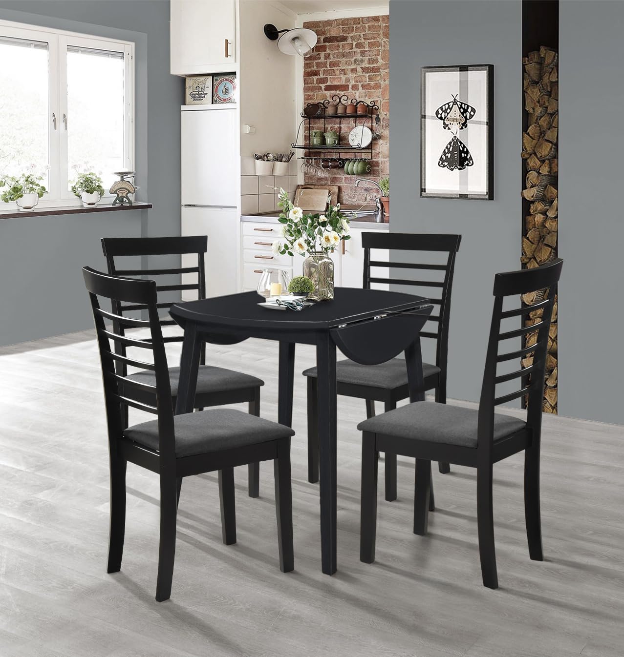 Hallowood Furniture Ledbury Round Dining Table and Chairs Set 4 in Black Finish, Wooden Drop Leaf Table and Chairs with Dark Grey Fabric Padded Seat, Dining Room Set for Four