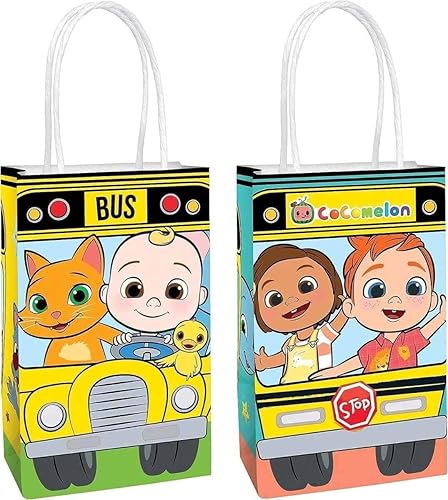 Bolsas de papel kraft multicolor con estampado Cocomelon, 5.25 x 8.5 x 3.25 pulgadas, 8 piezas, perfectas para fiestas, regalos y golosinas