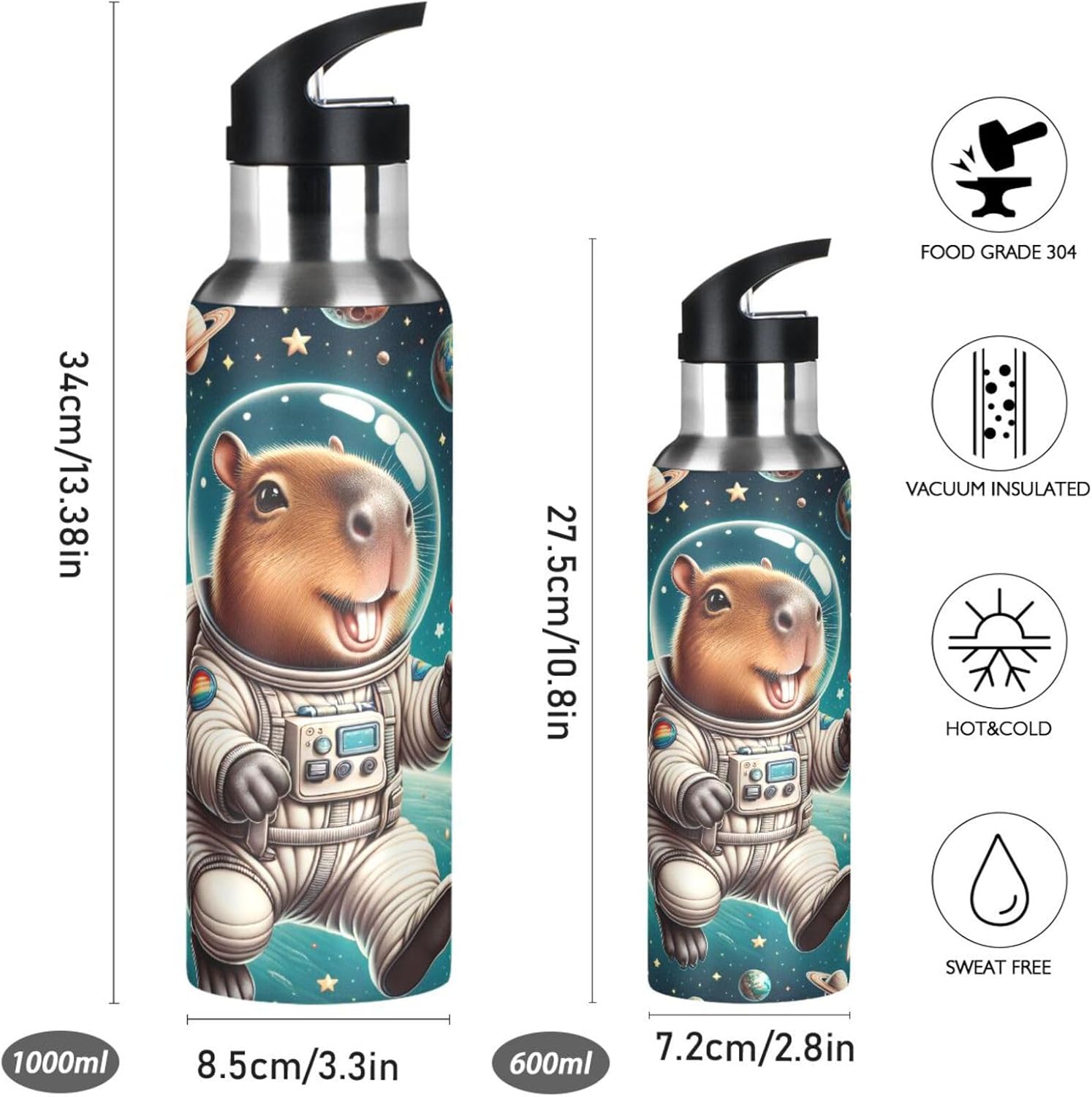 Space Capybara Cartoon Water Bottles Leakproof & BPA-Free Stainless Steel Insulated Water Bottle with Straw Lid for Sports, Gym, Outdoor, 32 OZ