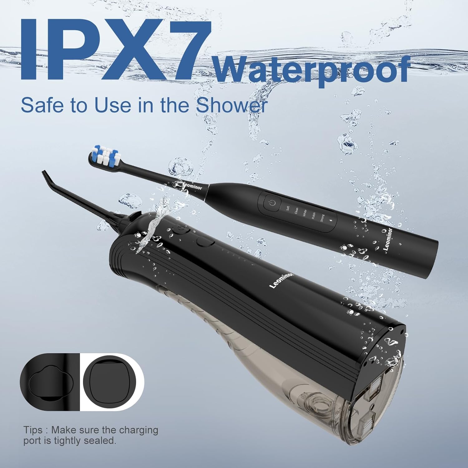 Leominor 3-in-1 Water Flosser & Electric Toothbrush Combo – Cordless Oral Irrigator with 235ml Large Tank,5 Modes, IPX7 Waterproof,Freshening Strips,for Teeth,Gums,Braces,Home & Travel,Black