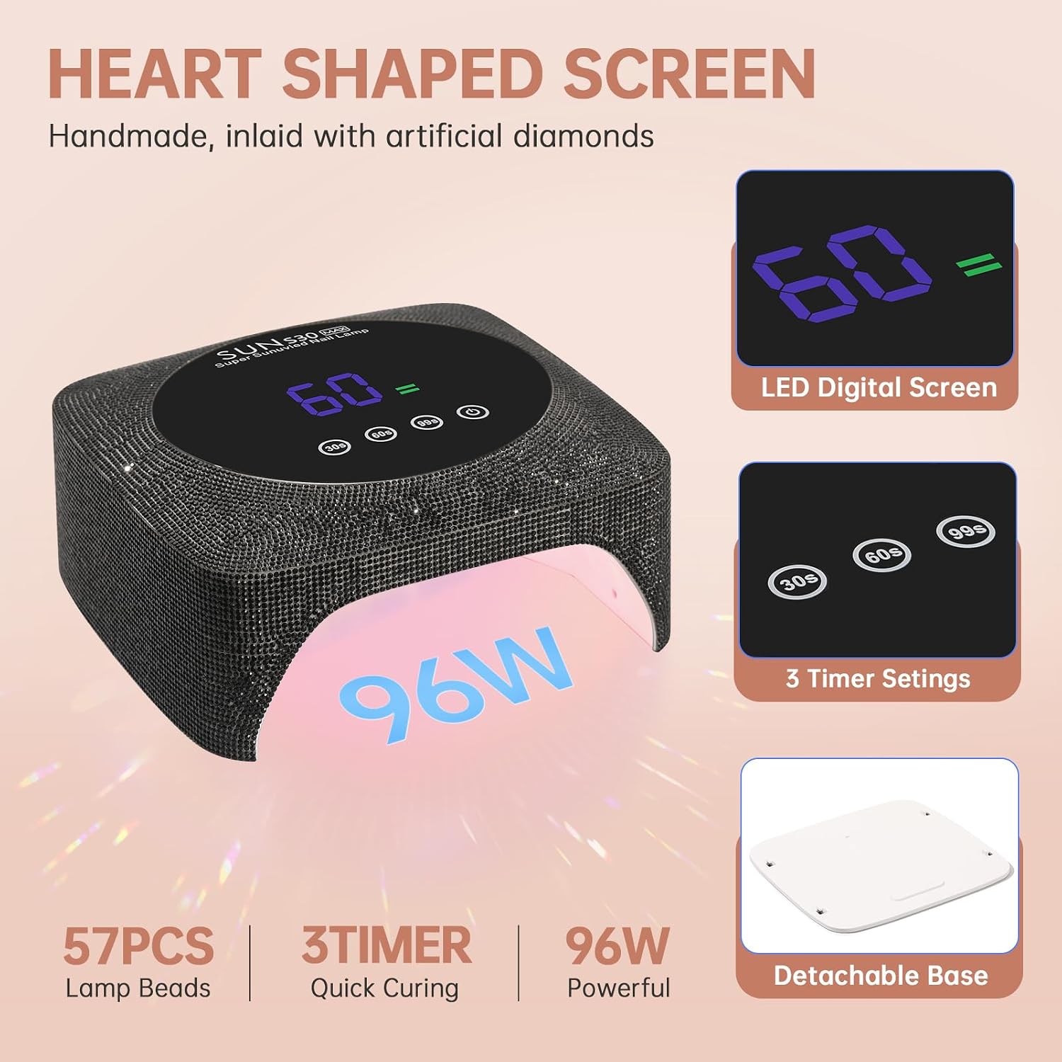 Cordless UV LED Nail Lamp 96W, Rechargeable UV Light for Gel Nails with 3 Timer Setting, Professional Quick Dry Nail Dryer with Display Auto Sensor for Salon & Home (Black Diamond)