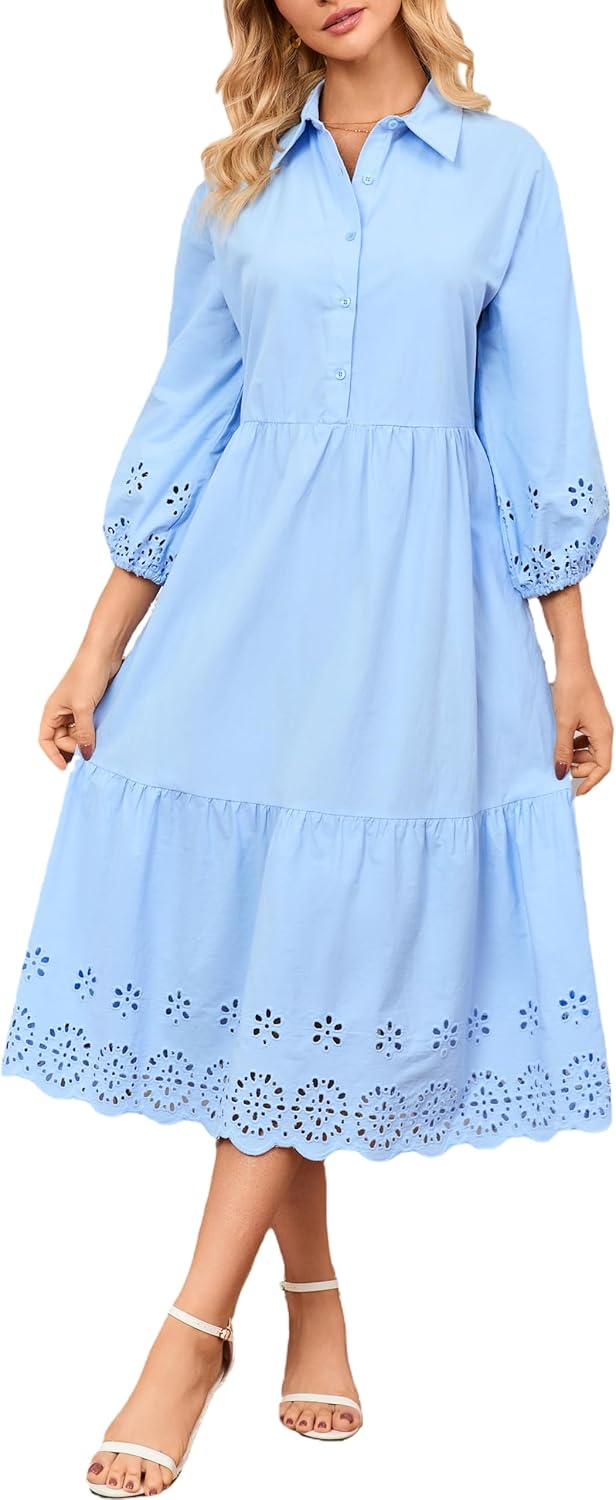 Ladyful Elegant Cotton Shirt Dress for Women Button Down 3/4 Sleeve Hollowed Out Eyelet Flowy Midi Maxi Dress