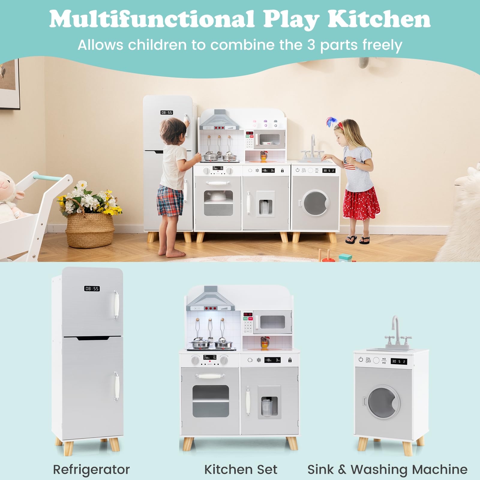 HONEY JOY Kids Kitchen Playset, 3-Piece Modular Wooden Corner Toy Kitchen Set/Refrigerator/Washing Machine & Sink, Lighted Range Hood & Stove, Little Chef Pretend Play Kitchen for Toddlers, Gray