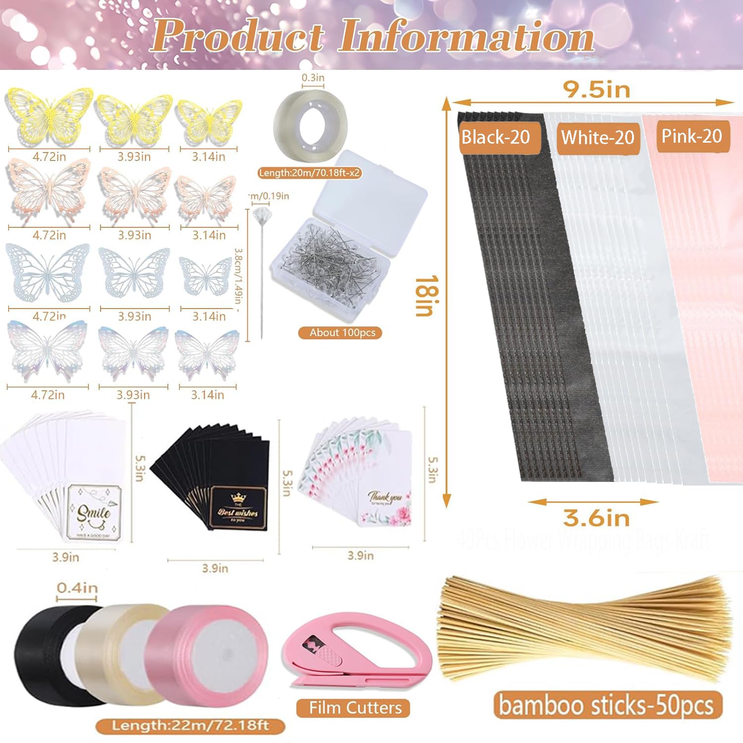 Majreey Kit de papier cadeau floral, 40 sacs d'emballage kraft, 3 rouleaux de ruban pour bouquet de fleurs, 2 rouleaux de ruban adhésif, 100 épingles à fleurs, 48 papillons 3D, 9 couronnes pour