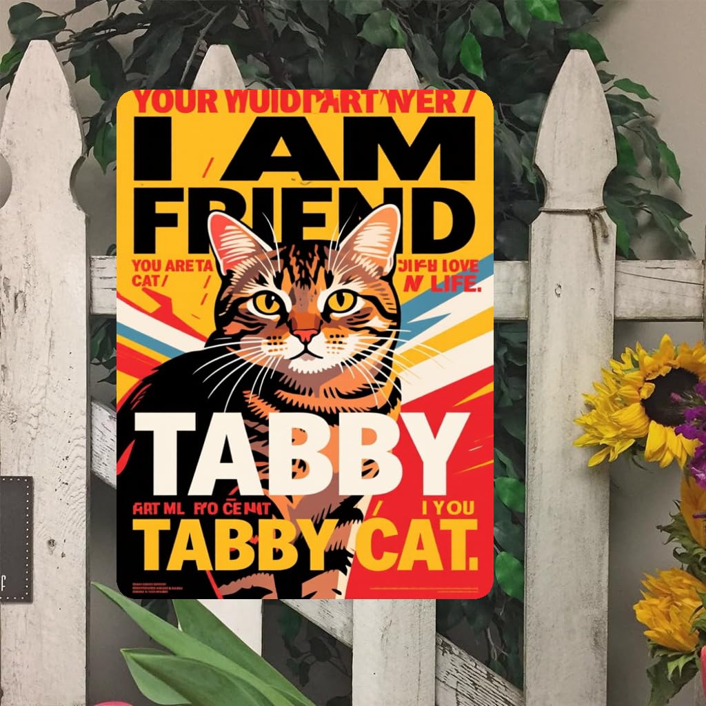 2D [Vintage Metal Cat] Metal Vintage Tabby Cat Wall Art | 8x12 inches, Metal Logo Decorated Cave Wall Art, I am Your Friend Your Companion You Are My Life