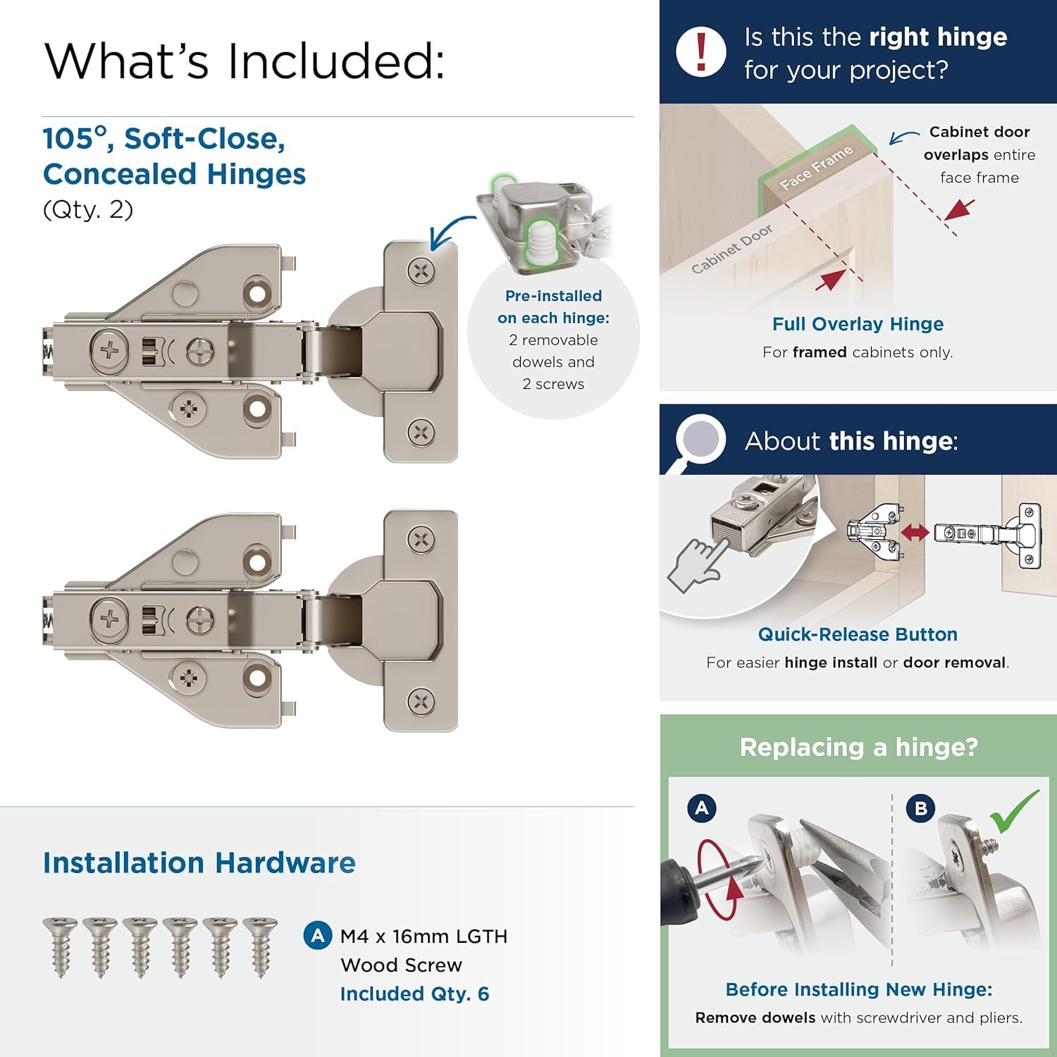 Amerock 2 Pack Full Overlay Soft-Closing Euro Concealed Hinge for Face Frame Cabinet, 105-degree Opening Angle with 3-Way adjustability