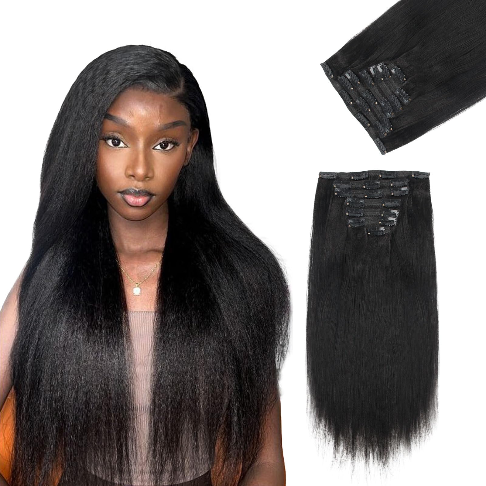 KIMSMTED Yaki Clip in Extensions Remy Human Hair Jet Black Double
