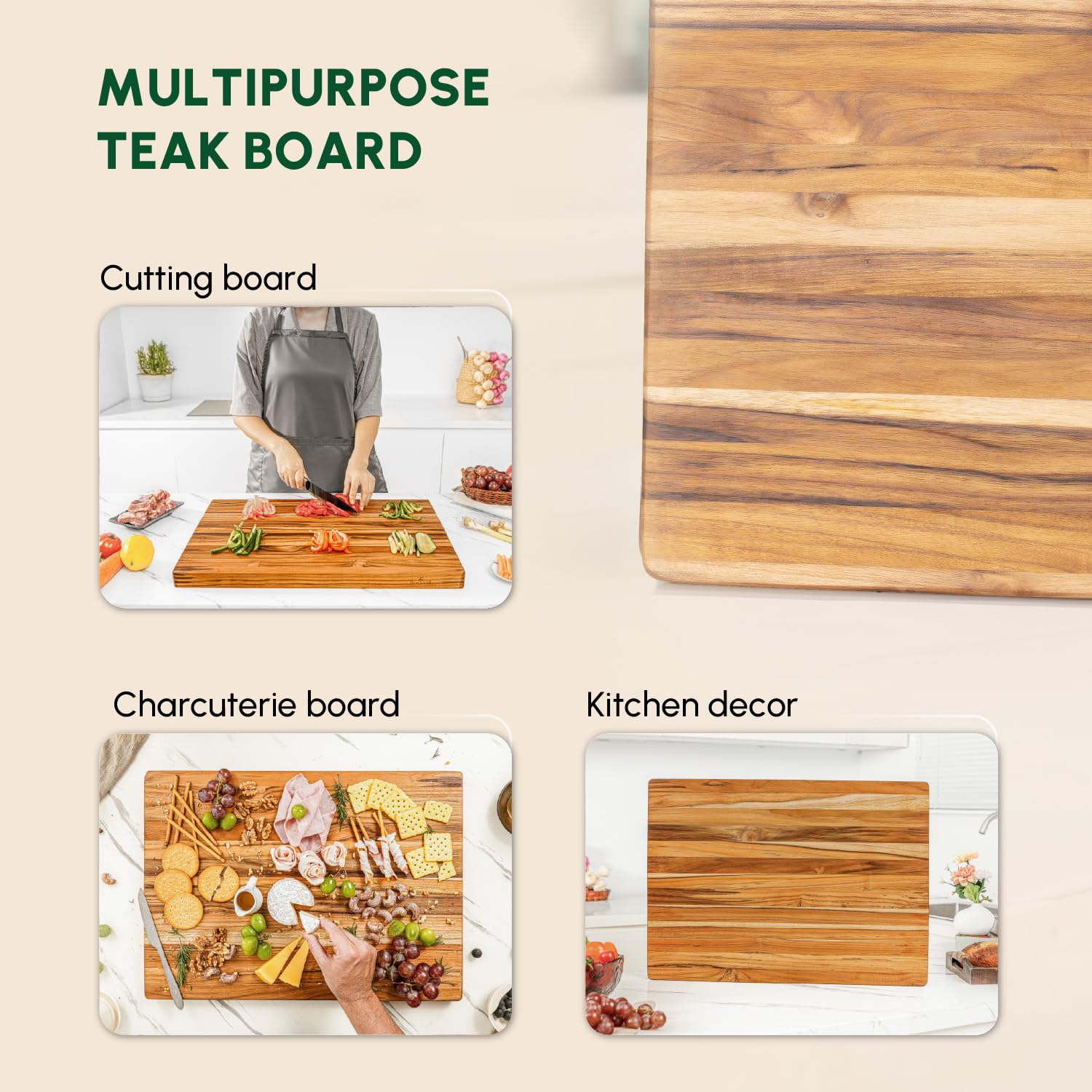 BEEFURNI Tabla de cortar de madera de teca con agarre de mano (L, 22 x 16 x 1.25 pulgadas), tablas de cortar grandes de madera para cocina, bloque de carnicero reversible, tablas de charcutería