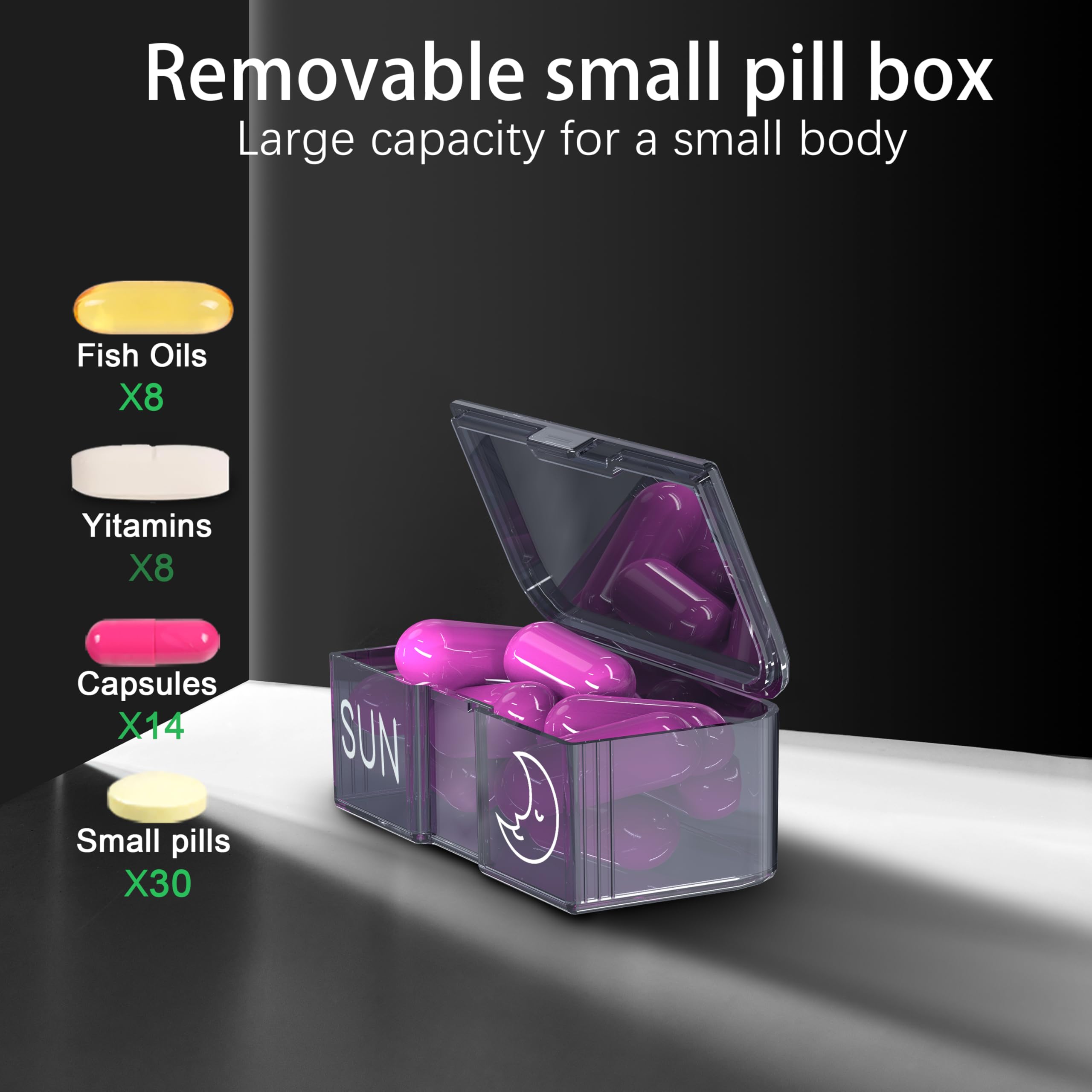 Pilulier hebdomadaire 2 fois par jour, matin et soir, 7 jours, organiseur de médicaments double quotidien avec étiquettes, pilulier portable pour vitamines et suppléments (noir)