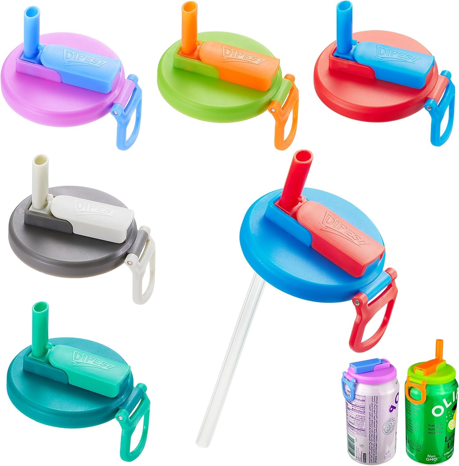 Dipesi Boys Multicolor 6 Pack Soda Can Lids With Straw, Soda Can Covers With Silicone Straw Bpa-Free Reusable For Fits Standard For Canned Beverage, Beer, Juice,Seltzer (6_Uk)