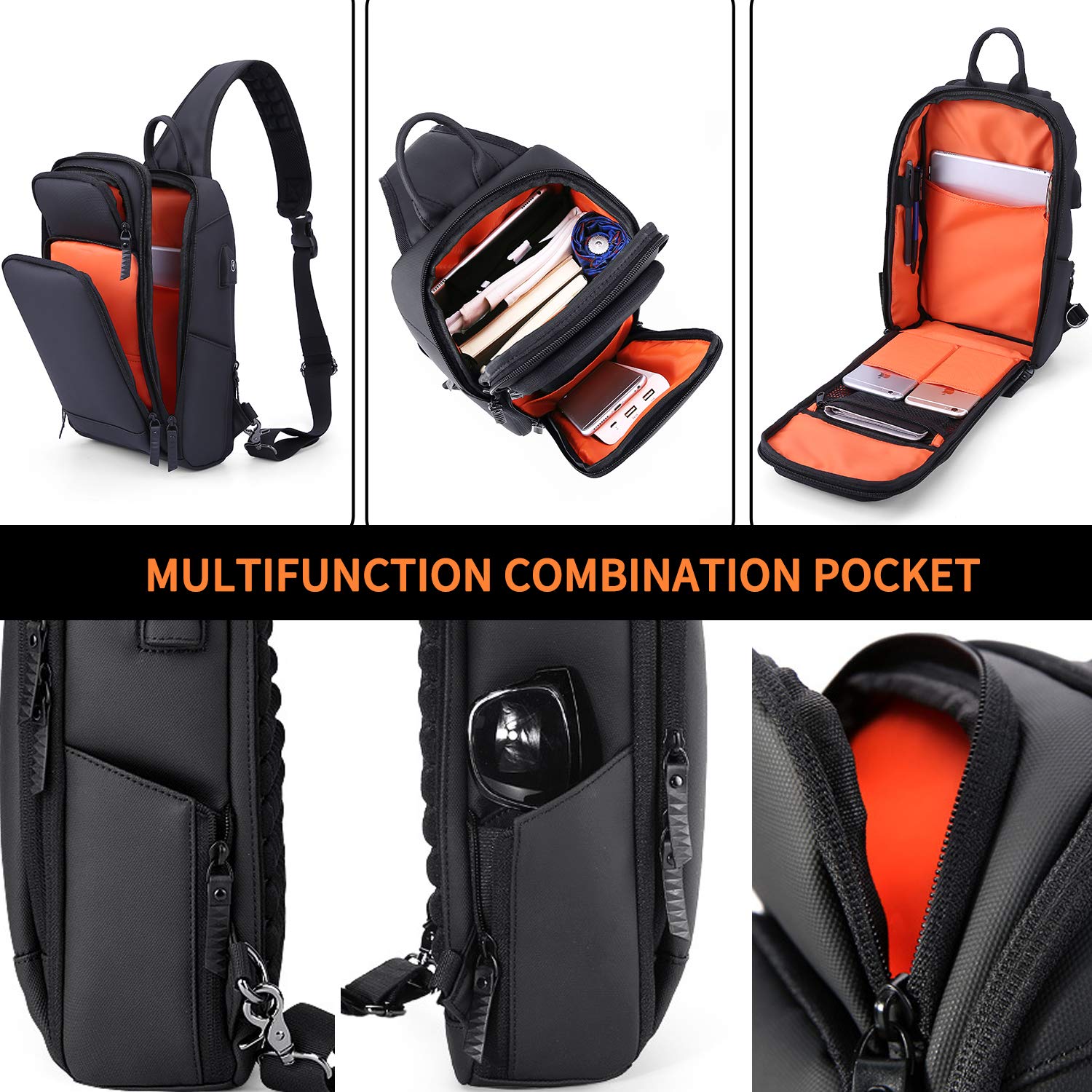 FANDARE Bolsa de Pecho Hombre Bolsa Deportiva de Hombro Bandoleras Cruzada 7.9 Inch Tablet con USB Bolsa de Hombro Gran Capacidad Bolsa de Mochila para Ciclismo,Viaje Impermeable Poliéster