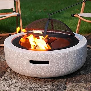 Wood Burning Concrete Outdoor Fire Pit,Heat Resistant MGO Ceramic Material Base with BBQ Grill Firepit for Patio Garden,Backyard Barbecue,Outdoor Gatherings (Grey 4)