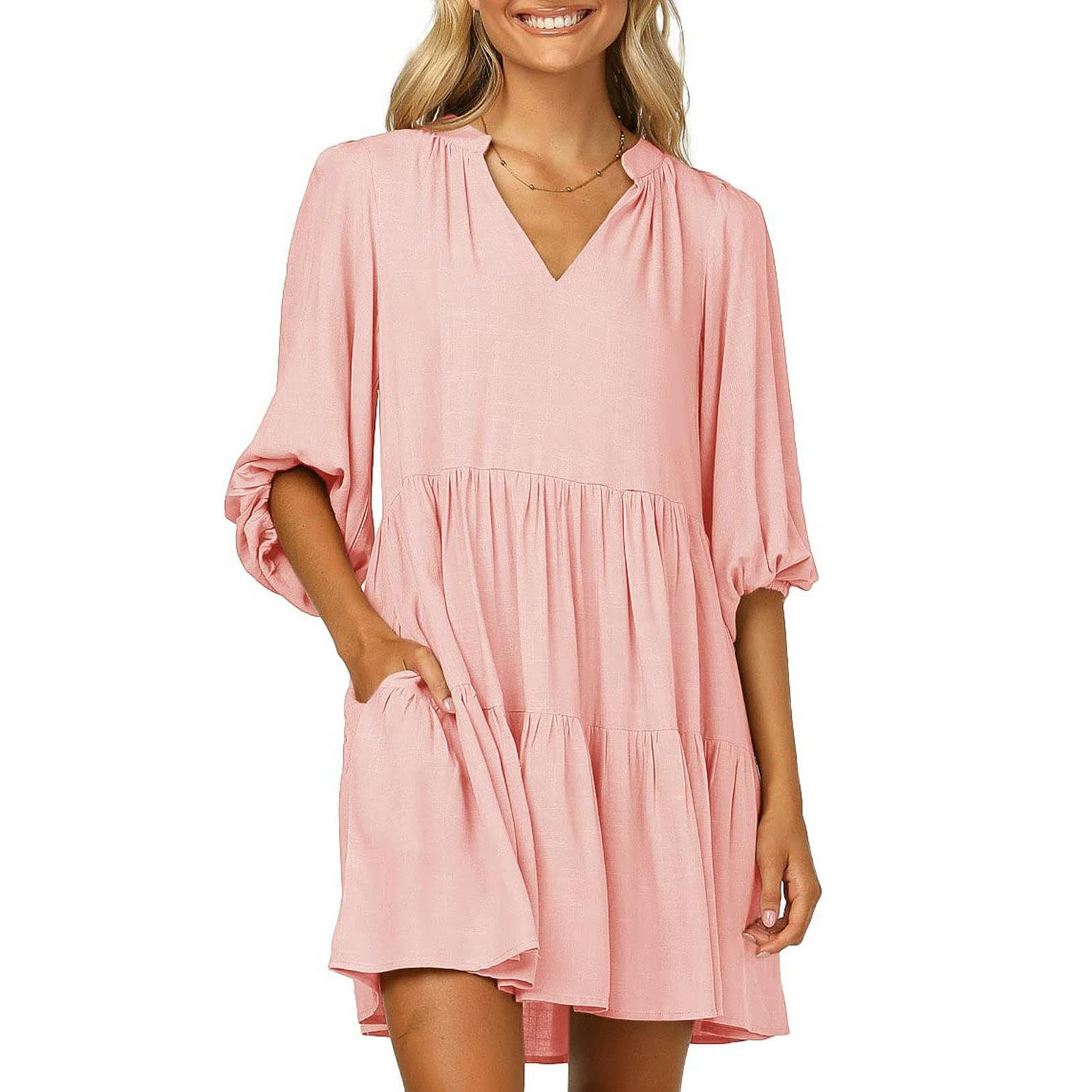 Robe femme manches 3/4 bouffantes col V à volants et poches mi-longue taille S