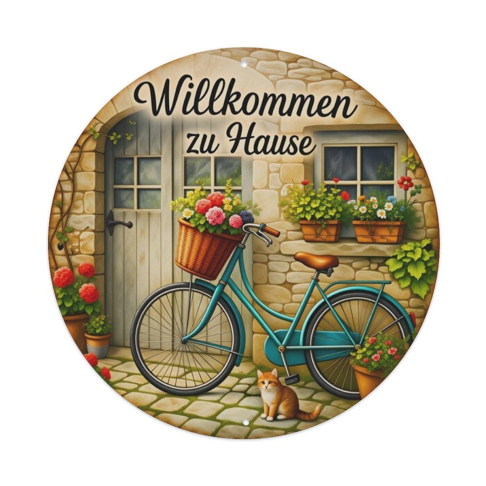 European Country Bicycle Cat German Welcome Home Round Decor Sign Vintage Aluminium Metal Sign, Retro Wall Decor for Home, Bar, Garage & Farmhouse 20x20cm