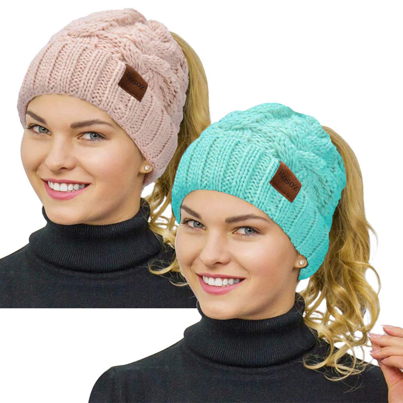Ponytail Beanies For Women - 2-Pack Cable Knit Winter Hats With Bun Hole - View #4