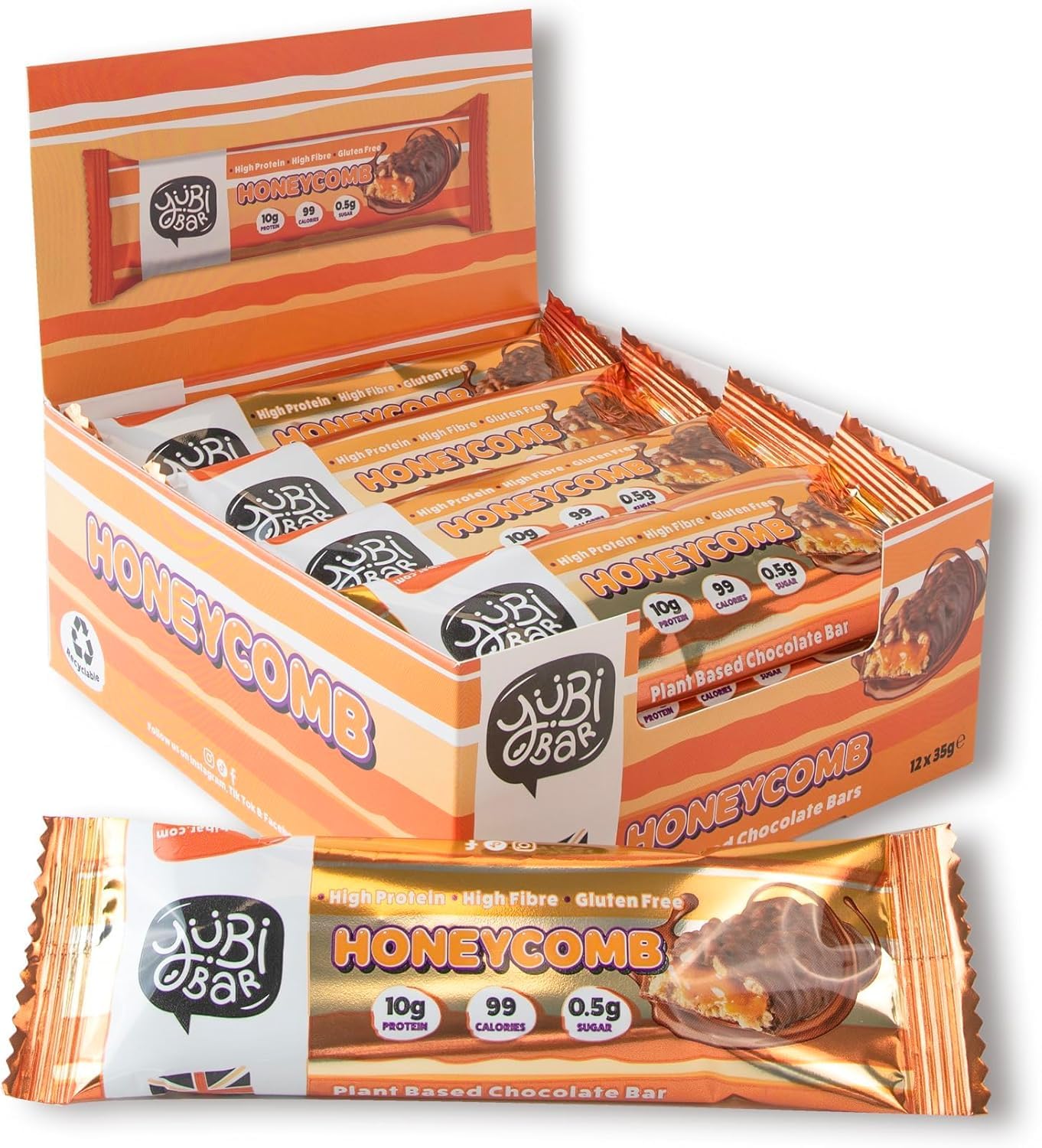 Vegan Yubi Honeycomb - 12 Pack - Protein Bars - 99 Calories, High Protein, High Fibre, Low Sugar, Gluten Free and Dairy Free - Healthy Snacks/Nutrition Bar - Chocolate Bars - 400g