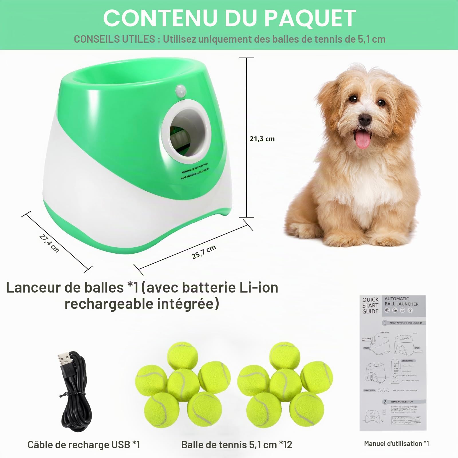 Lanceur de balles pour chien avec 12 balles de tennis, lanceur automatique de balles pour chien pour intérieur et extérieur, 3 distances réglables, 3 à 9,1 m, jouet interactif pour chien de petite et