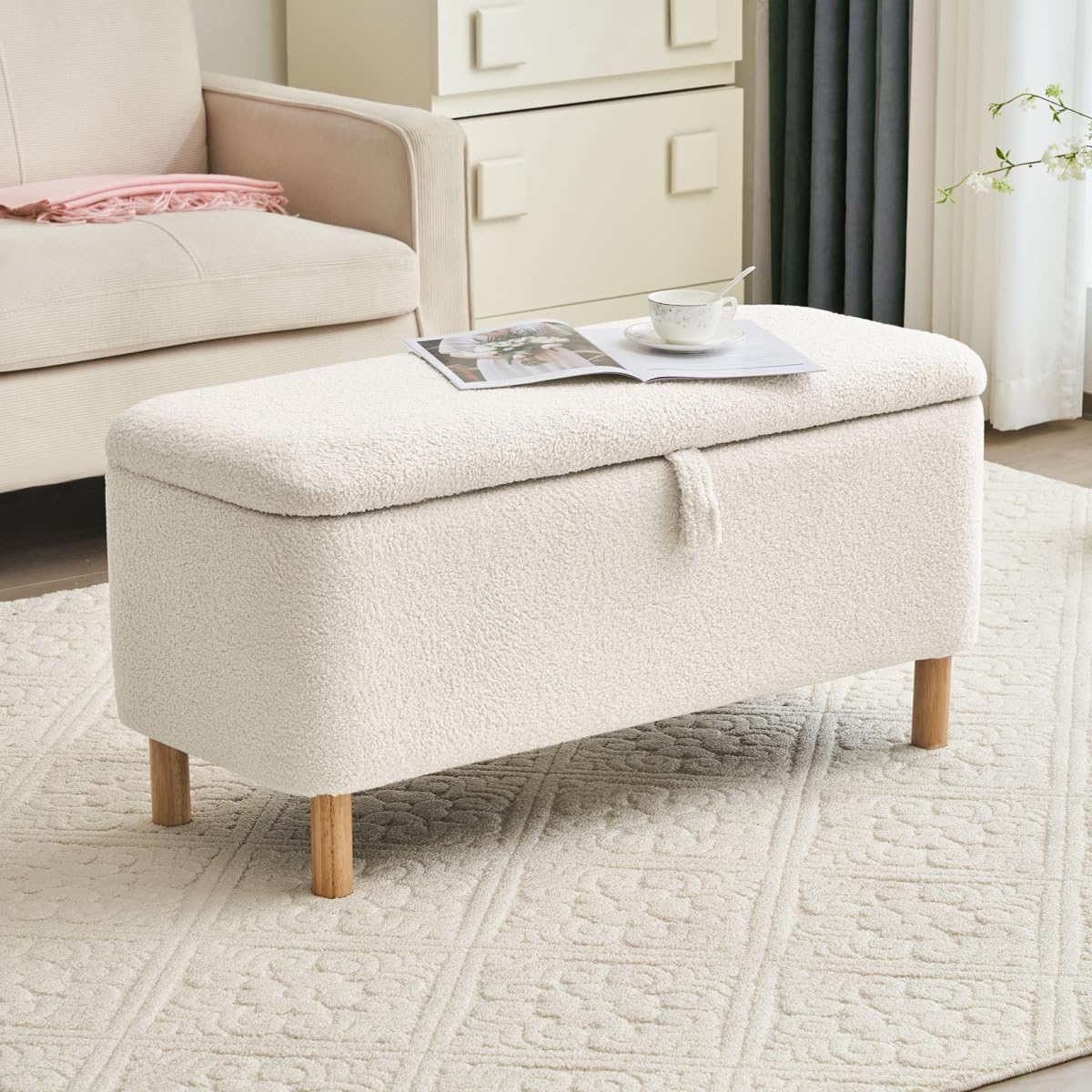 Kavya Luna Luxury 39.3 Inch Boucle Storage Ottoman Bench | Upholstered End of Bed Bench with Hidden Storage | Rubber Wood Legs | Thick Foam Cushion | Bedroom, Living Room (White)-image-30