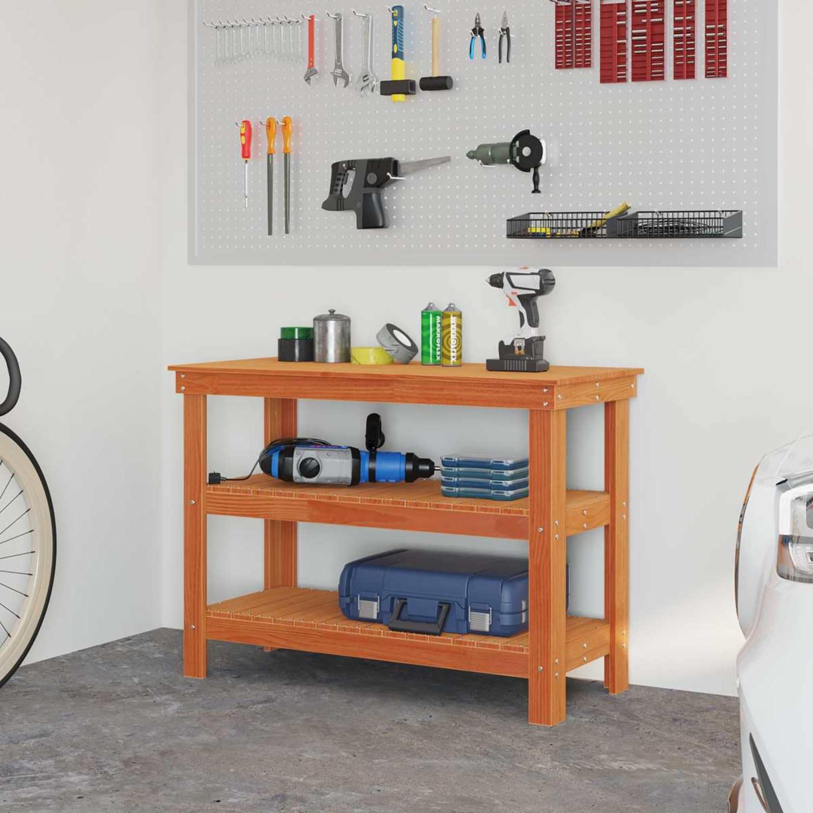 Banco da lavoro marrone cerato, 110,5 x 50 x 80 cm, in legno massello di pino con 2 ripiani, banco da officina per attrezzi da lavoro per garage e cantina
