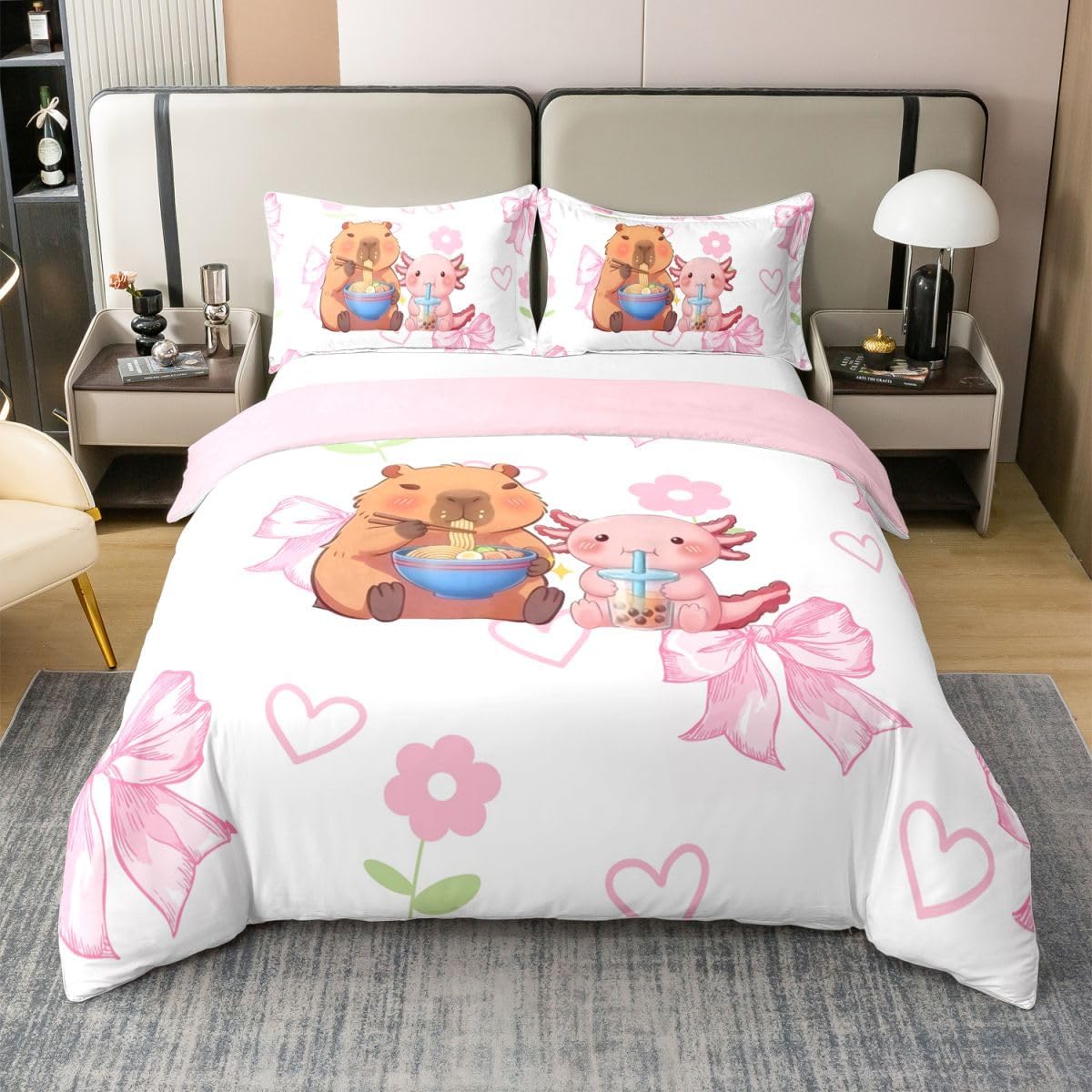 jejeloiu Cute Capybara Duvet Cover 100% Cotton Twin Size Boys Girls Salamander Axolotl Bedding Set Breathable Soft Pink Bow Comforter Cover 2Pcs Animals Lovers Bedroom Decor Microfiber Zipper Closure