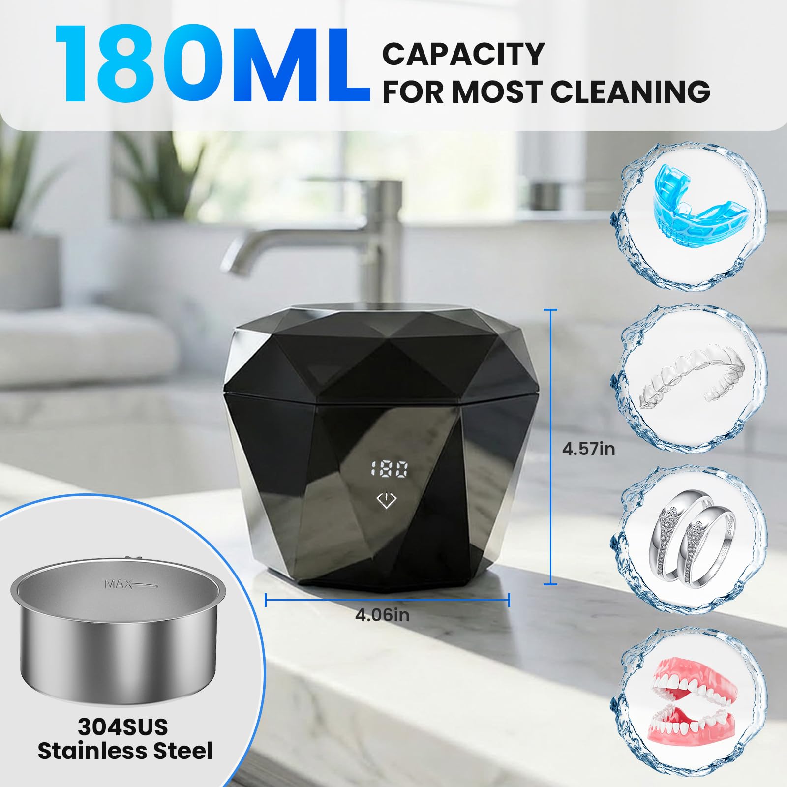 Dispositivo de limpieza por ultrasonidos 45 kHz máquina 180 ml U/V Dental Pod Retainer Cleaner para férulas dentales, raíles de mordedura, rieles de crujir, con función de temporizador
