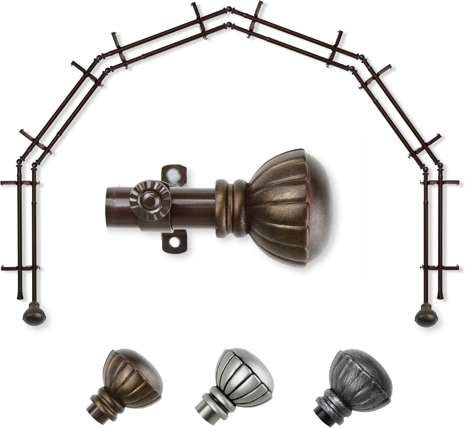 A&F Rod Décor - Flower 13/16" 6-Sided Double Bay Window Curtain Rod - Cocoa
