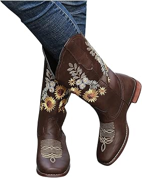 ZHOUYF Women Cowboy Boots Fashion Embroidery Sunflowers Print Mid Calf Boots Chunky Heel Pointed-Toe Western Boots Pull-on Retro Riding for Women