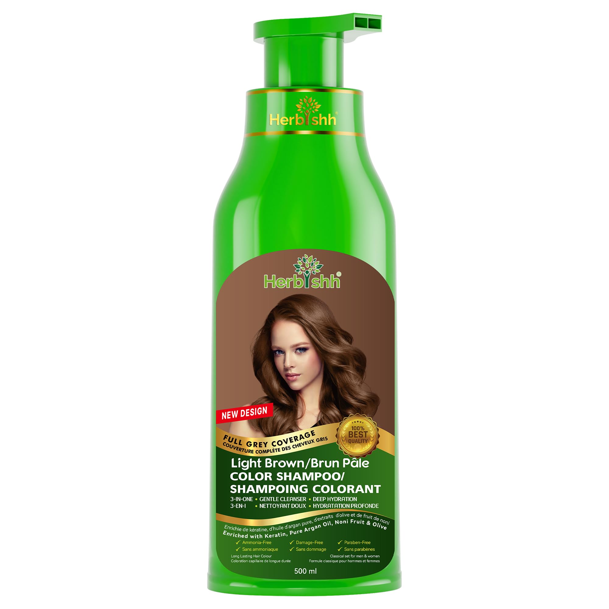 Herbishh Color Shampoo for Gray Hair Coverage (Light Brown) –Hair Dye 3-in-1 Shampoo- Colors in Minutes – Lasts Up To 2-3 Weeks – 500 mL – Ideal for Men & Women