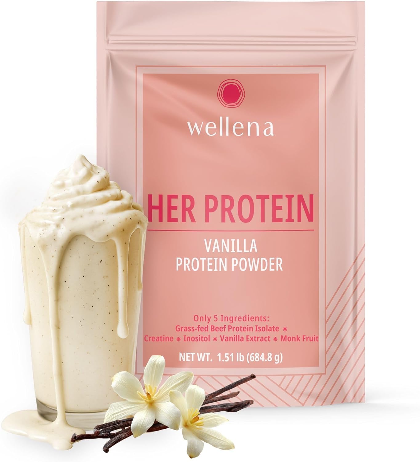 Wellena Her Protein – 3-in-1 Whey-Free Beef Isolate Formula with Creatine & Inositol – Grass-Fed Protein Powder – Dairy & Pea Free – Women’s Daily Nutrition