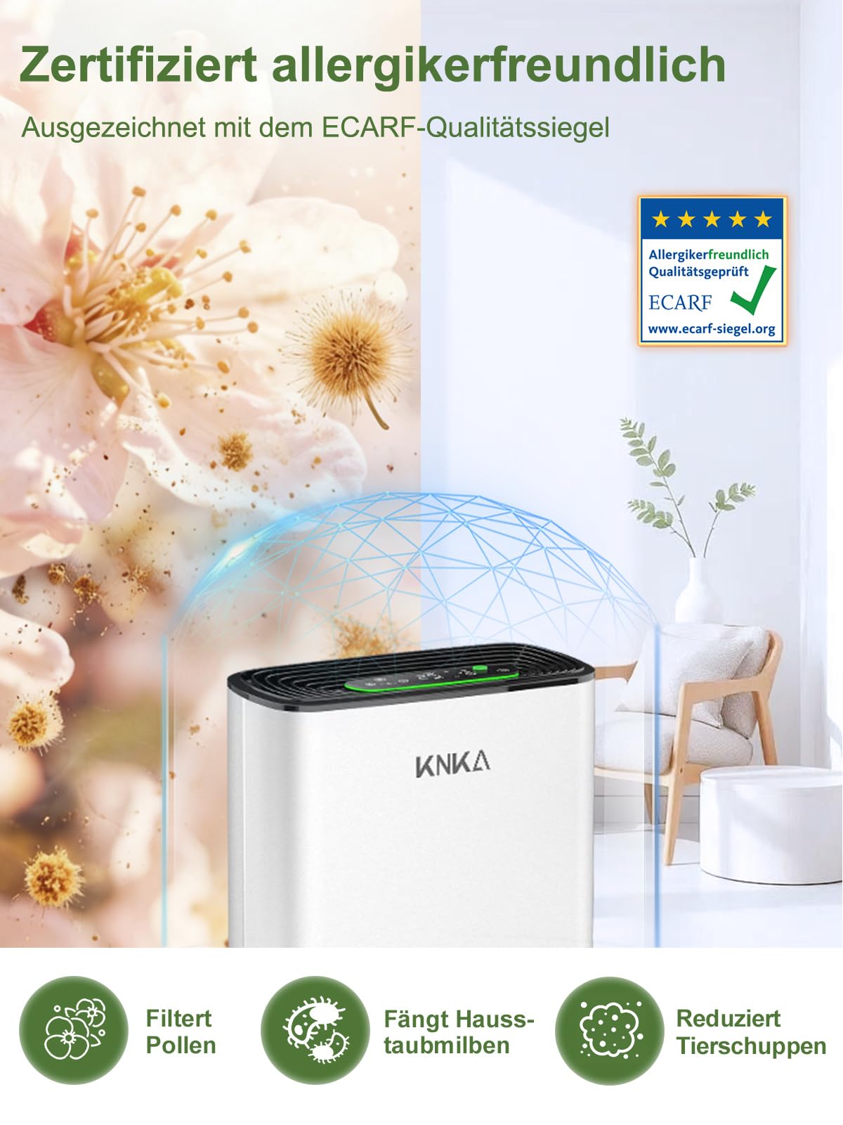 KNKA Luftreiniger Air Purifier, CADR 300 m³/h, bis 80 m², HEPA-Leistung (Schlafmodus) entfernt 99,97% Staub/Pollen/Gerüche, mit Smart Sensor, ideal für Raucher & Haustiere, APH3000