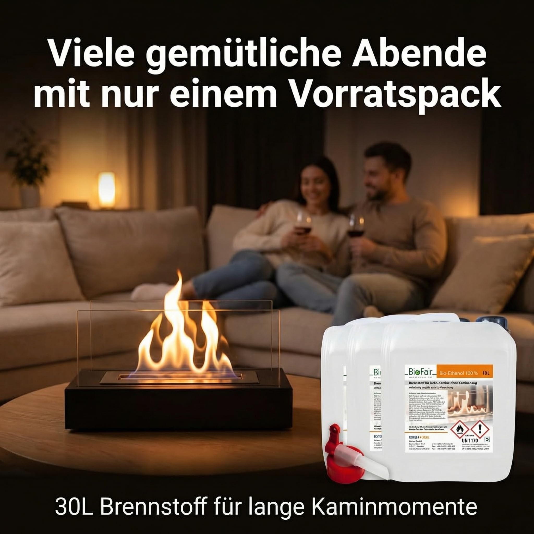 BioFair Bioethanol Kamin Brennstoff 30L (3×10L Kanister) E100 100 Prozent, mit Dosierhahn, Made in Germany, für Tischkamin, Wandkamin & Kamin flüssig