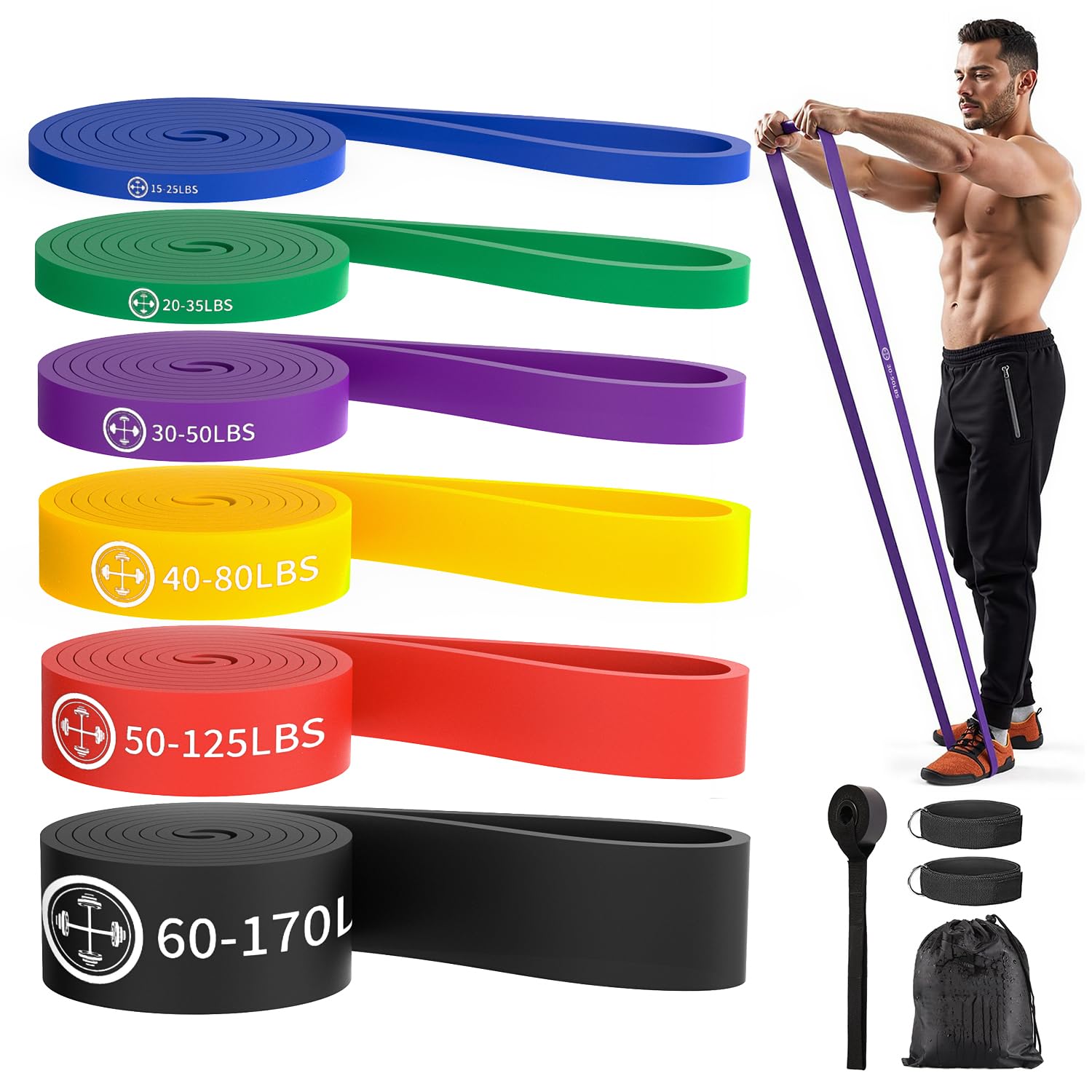Set de 6 Bandes de Résistance Musculation (6-77kg),2 Sangles de Cheville et Sac de Transport. Bandes de Gymnastique pour Yoga, B
