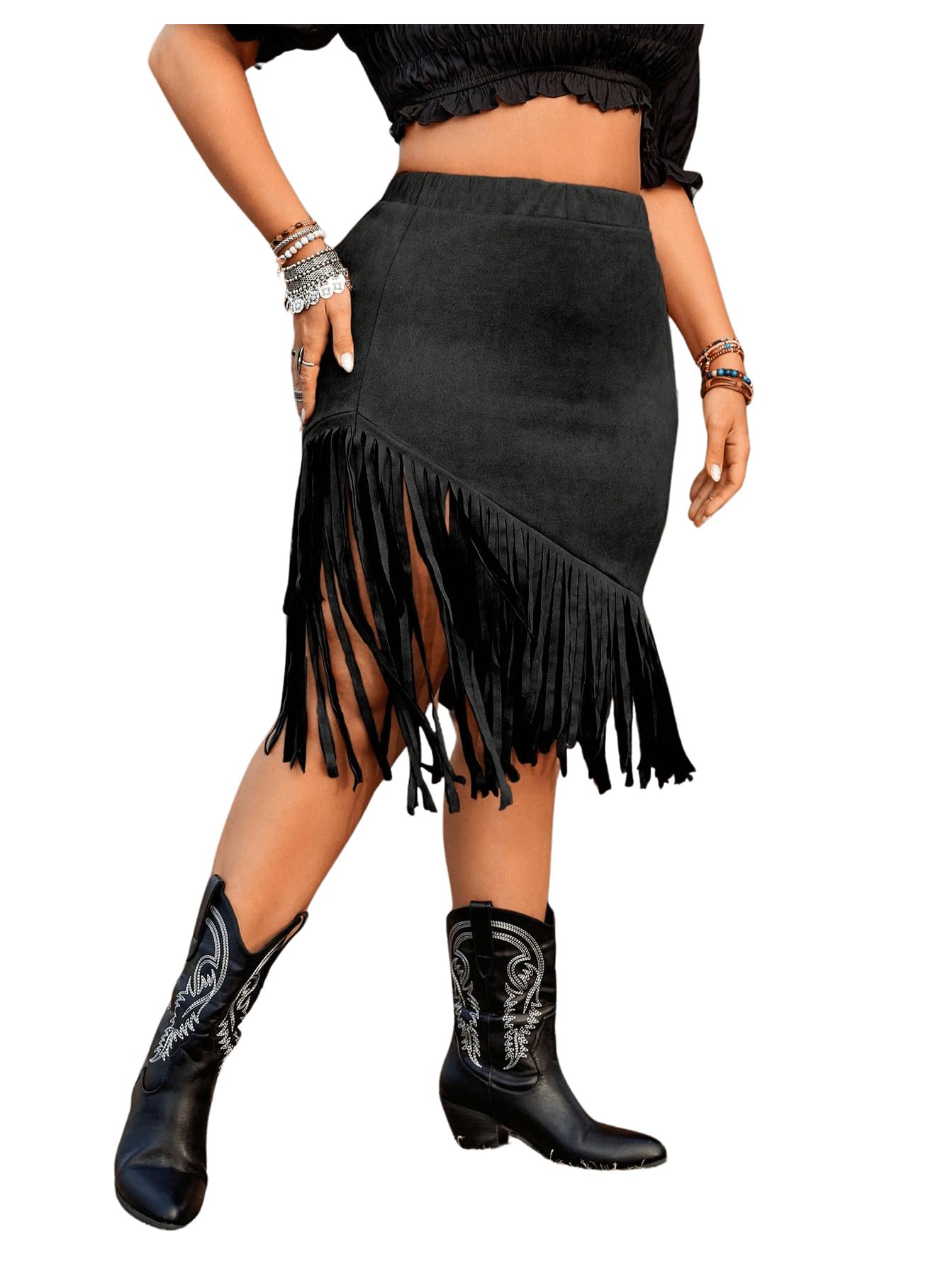 Floerns Women's Plus Size Elastic Waist Fringe Trim Western