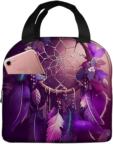 Bolsa de almuerzo aislada para mujeres y hombres, atrapasueños con estrellas moradas, reutilizable, a prueba de fugas, linda lonchera para el