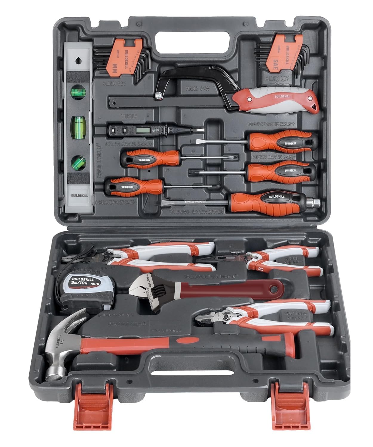 BUILDSKILL 30Pcs Professional Tools Box Kit | 3M Auto Measuring Tape | CNC Plier | Hammer | Screwdriver Set | Spirit Level | Electrical Tape | Wrench | Hand Tool kit with all tools (6 Months Warranty)