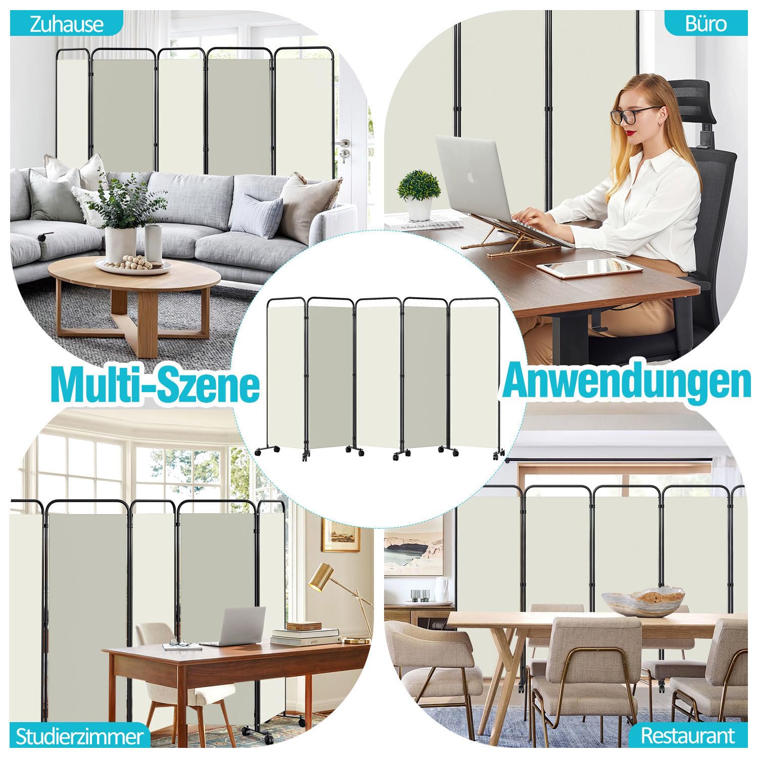 Paravent de séparation de pièce pliable sur roulettes - 5 pièces - 284 x 180 cm - Séparateur de pièce autonome pour bureau et chambre à coucher - Beige