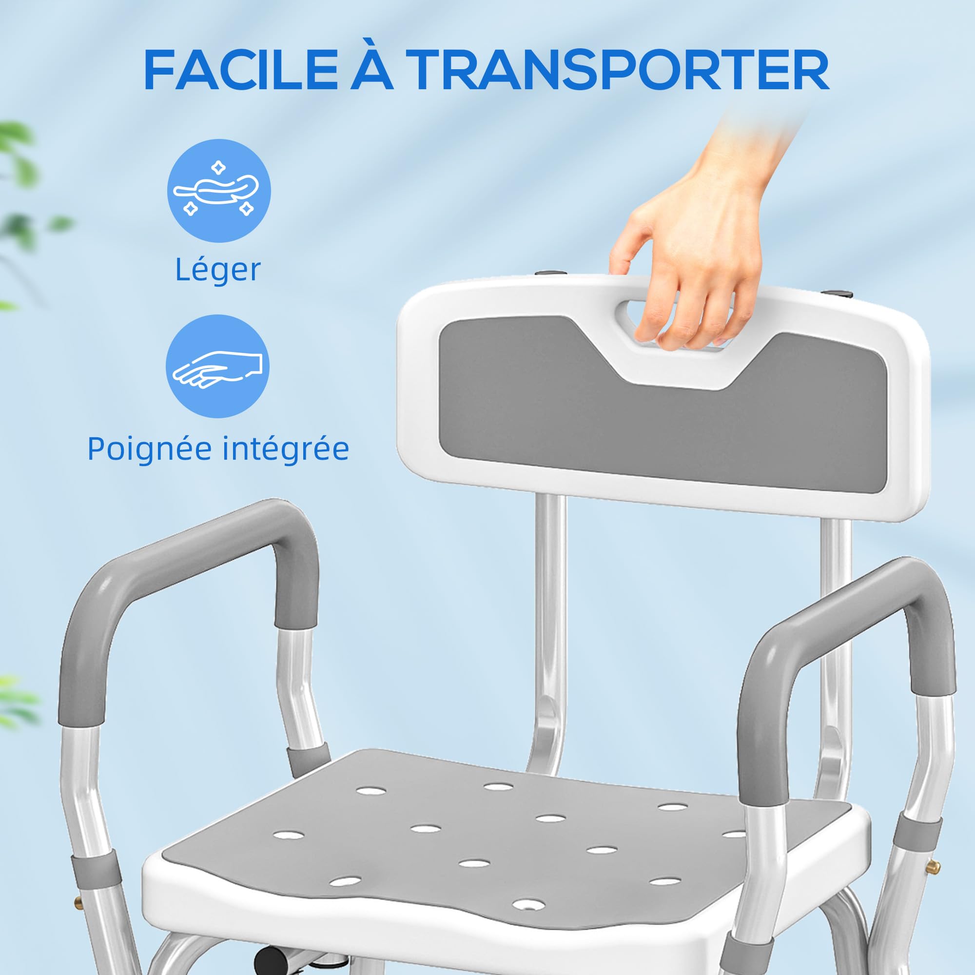 HOMCOM - Taburete de ducha ergonómico, altura ajustable, 136 kg, color gris claro | Silla de ducha, patas antideslizantes, Alu HDPE