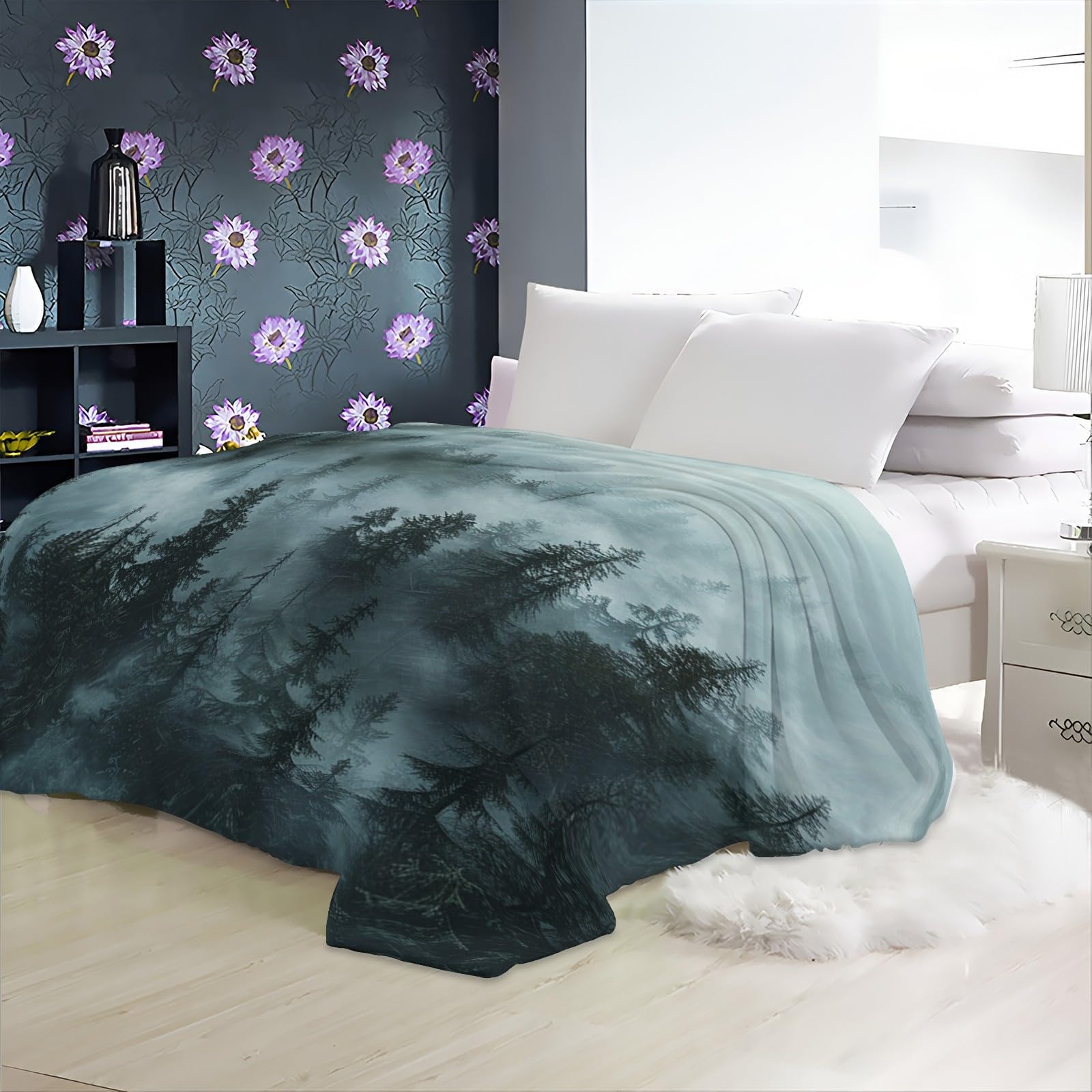 Sherpa-fleecedeken, mistige dennenboom, landschap, 220 x 240 cm, dubbelzijdige pluche stof, extra zachte thermische pluizige deken, sherpa plaids voor bed, bank, stoel en reizen