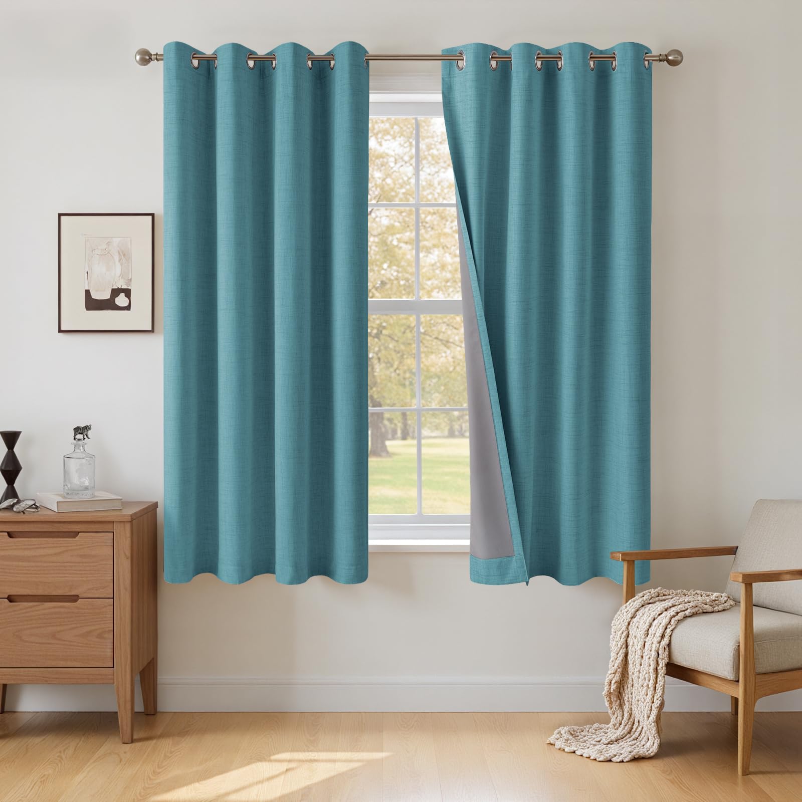 INOVADAY 100% Blackout Curtains 54 Inch Drop 2 Panels, Thermal Insulated Eyelet Curtains with Coating Back Layer for Bedroom & Living Room, 46" W x 54" L, Teal