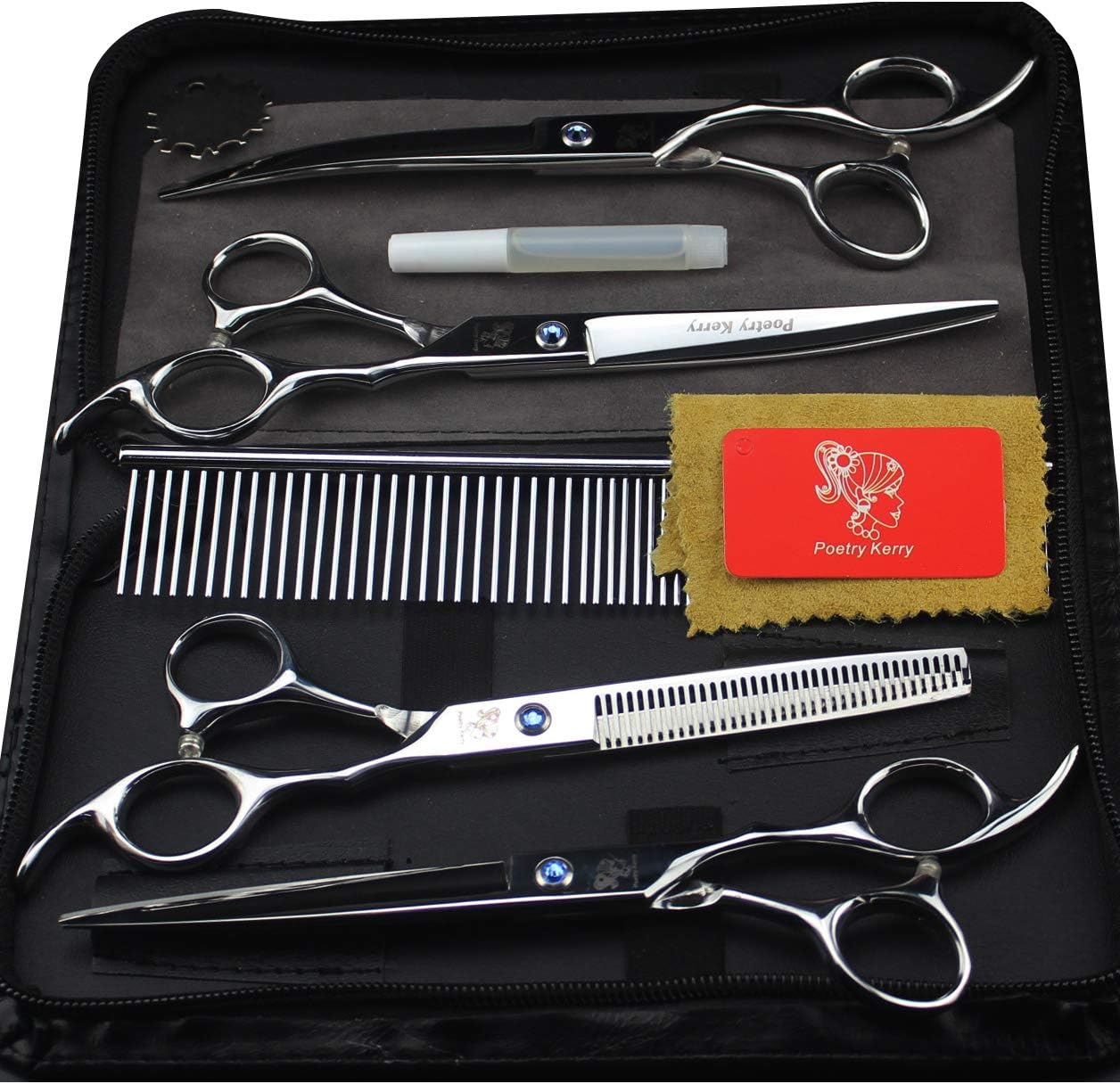 5PCS Pet grooming scissors kit,7 inch Dog Grooming Set,Pet Trimmer Kit for Dog Cat Pet with Cutting Scissors Thinning Shear, Curved Scissors, Grooming Comb and leather bag (Silver)