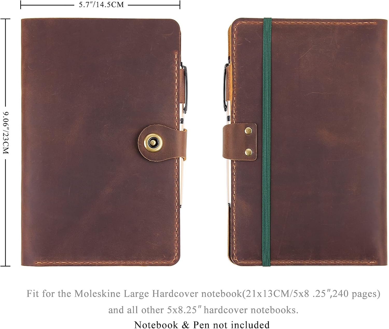 Handmade Journal Cover For Moleskine Hardcover Large Size 5"x8.25" Notebook, Vintage Leather Cover With Pen Holder & Snap Closure For Hardcover Notebooks-Brown
